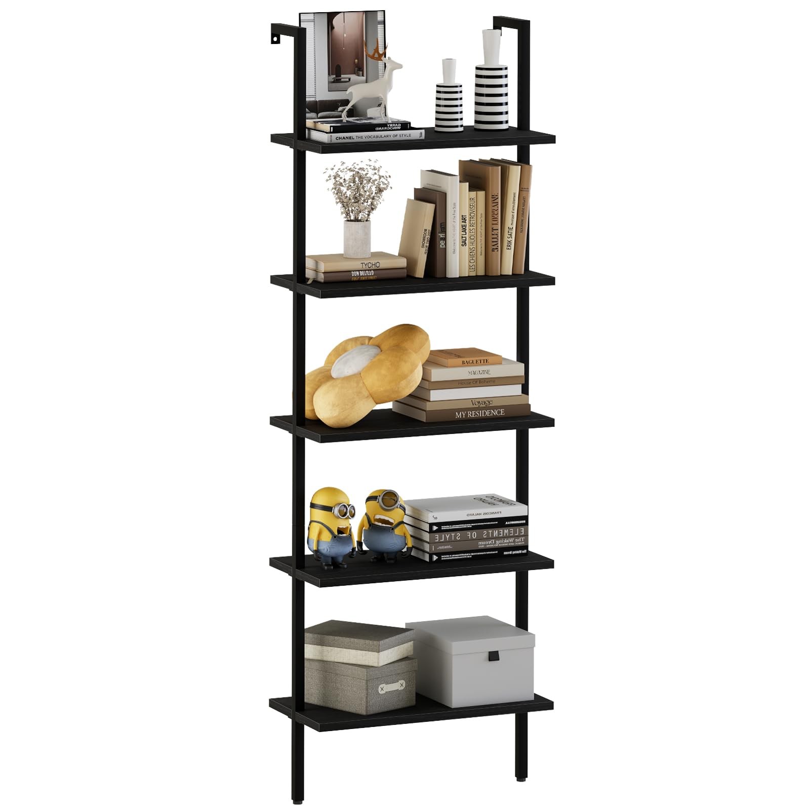 Ladder Shelf Open 5-Tier Bookshelf Wall-Mounted Black Wood Bookcase Storage R…
