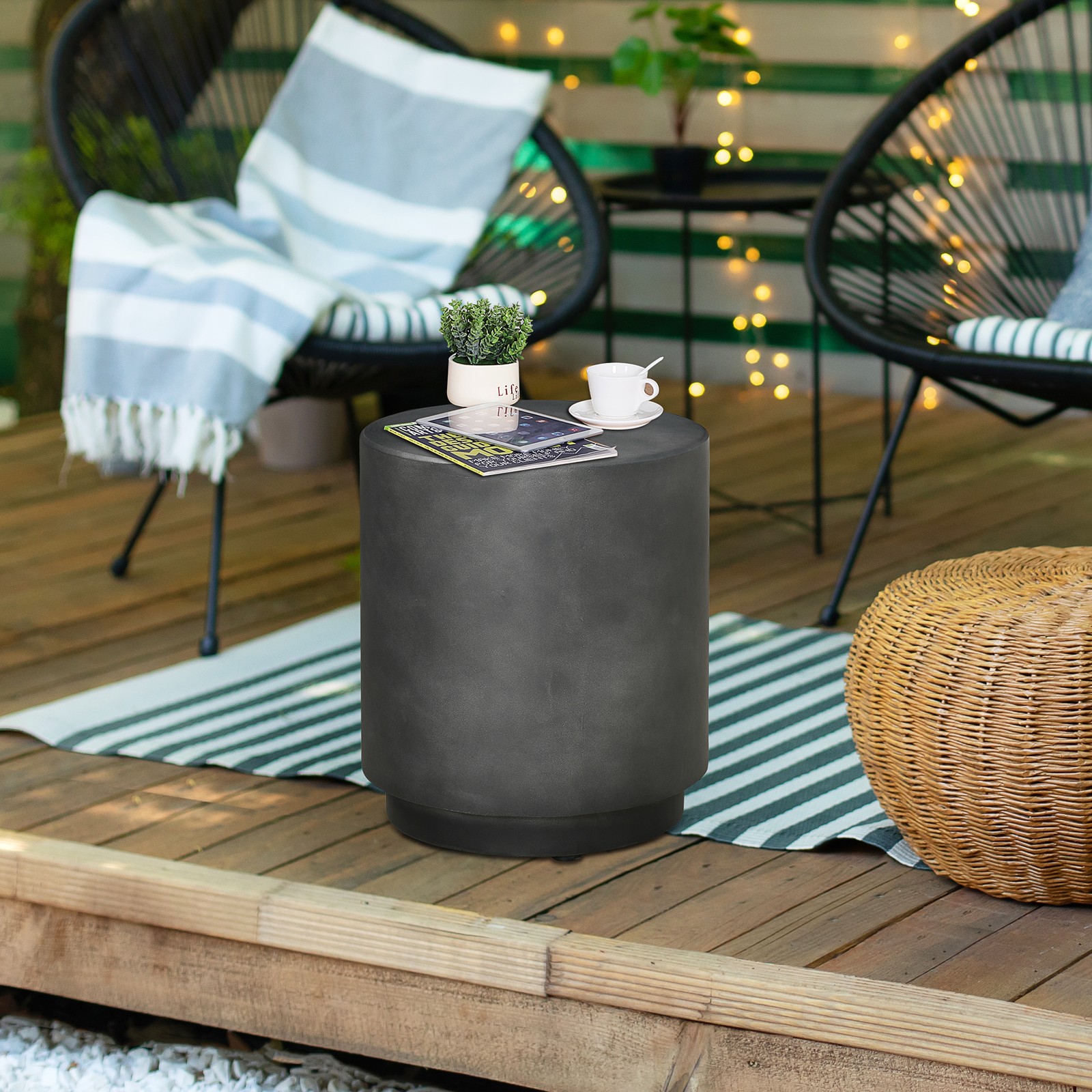 Accent Table with Concrete Finish, Round Side Table, Dark Gray
