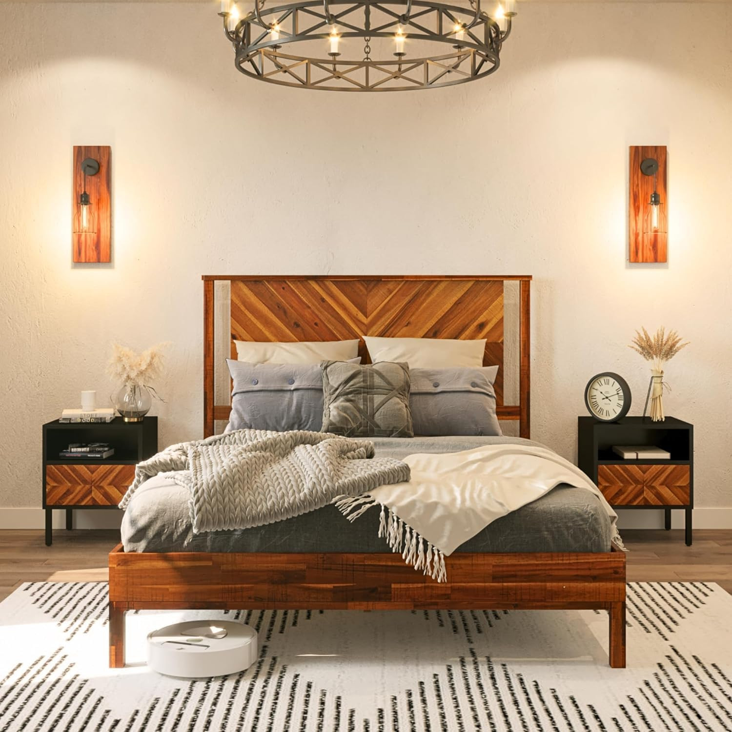 Vivian 14 Inch Deluxe Bed Frame with Headboard, Rustic & Scandinavian Style with