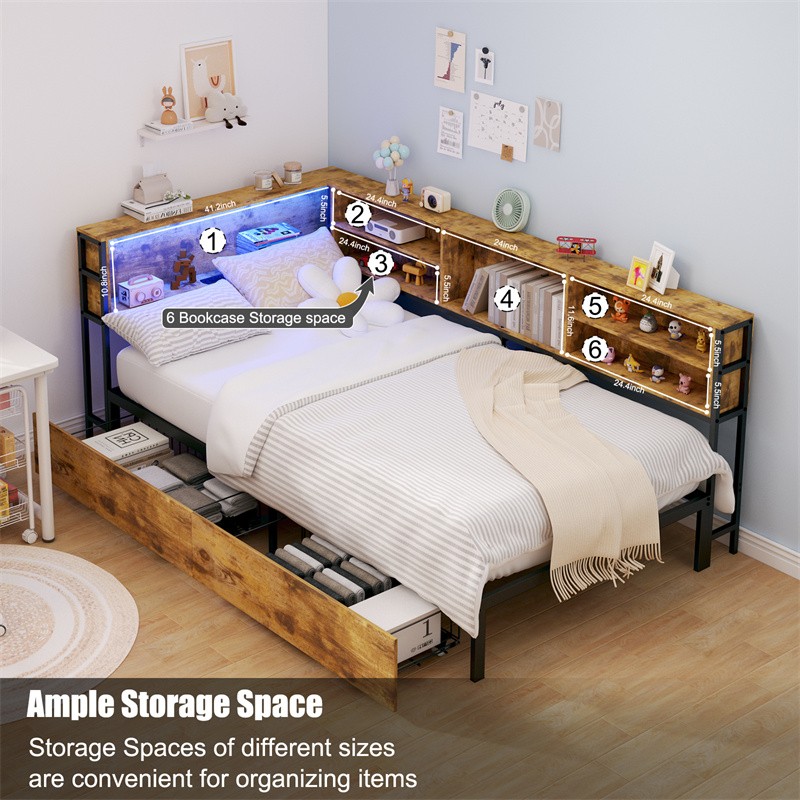 Full Size Corner Daybed with Bookcase Headboard,2 Storage Drawers & LED Light