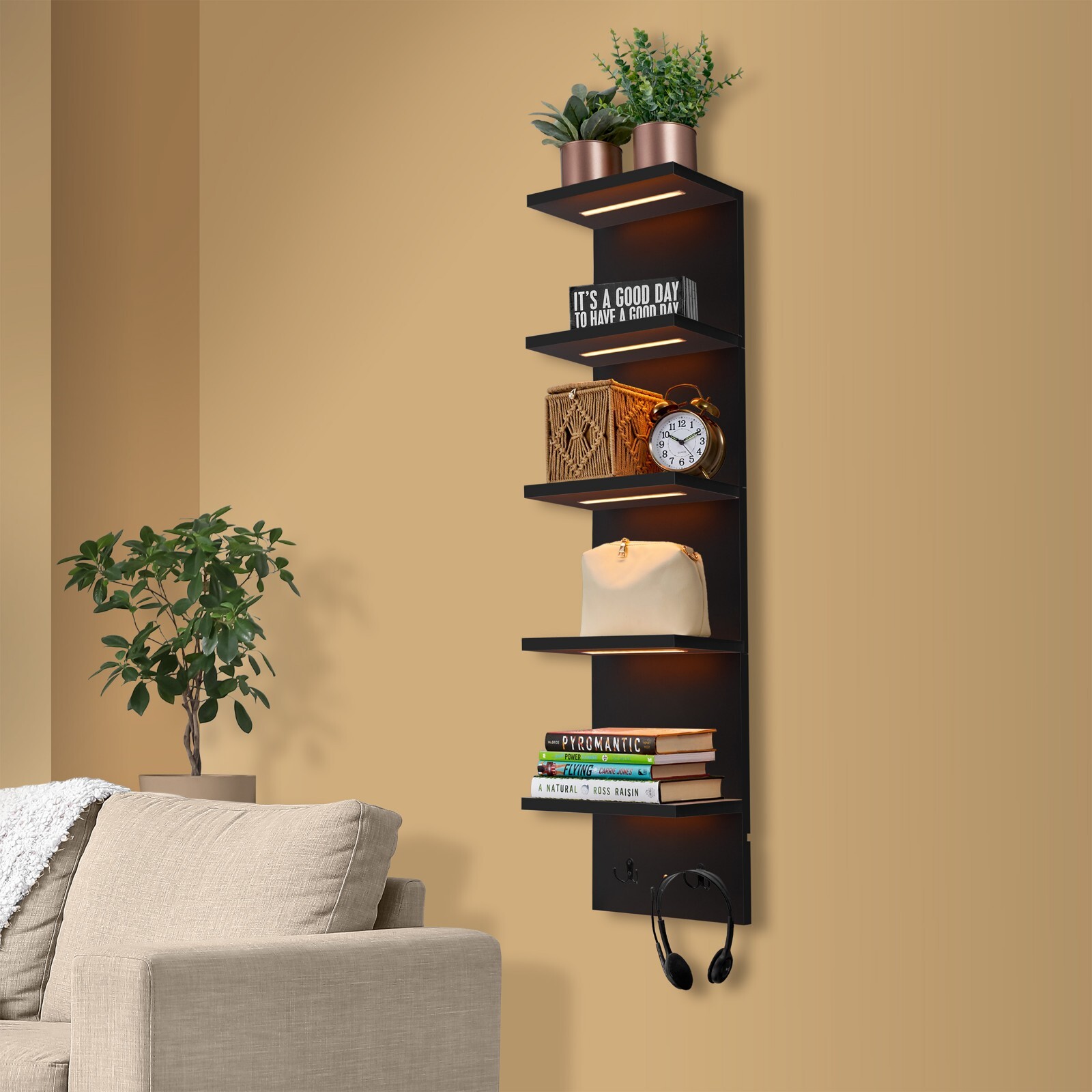 Sorbus LED Light Display Shelf – Vertical 5 Tier Wall Shelf Unit with 2 Hooks