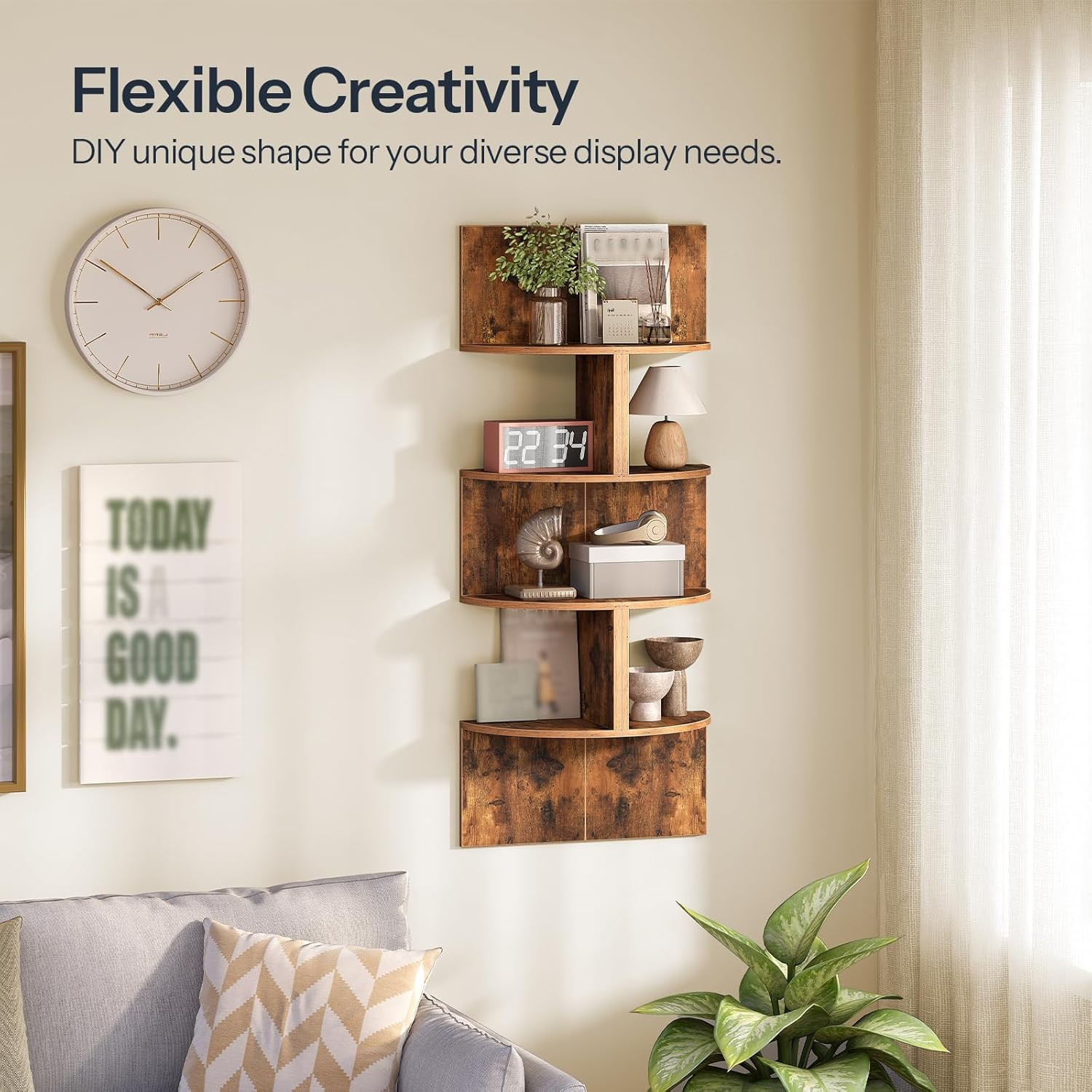 Corner Wall Shelves, Set of 2 Floating 4‑Tier Shelves for Living Room & Bedroom