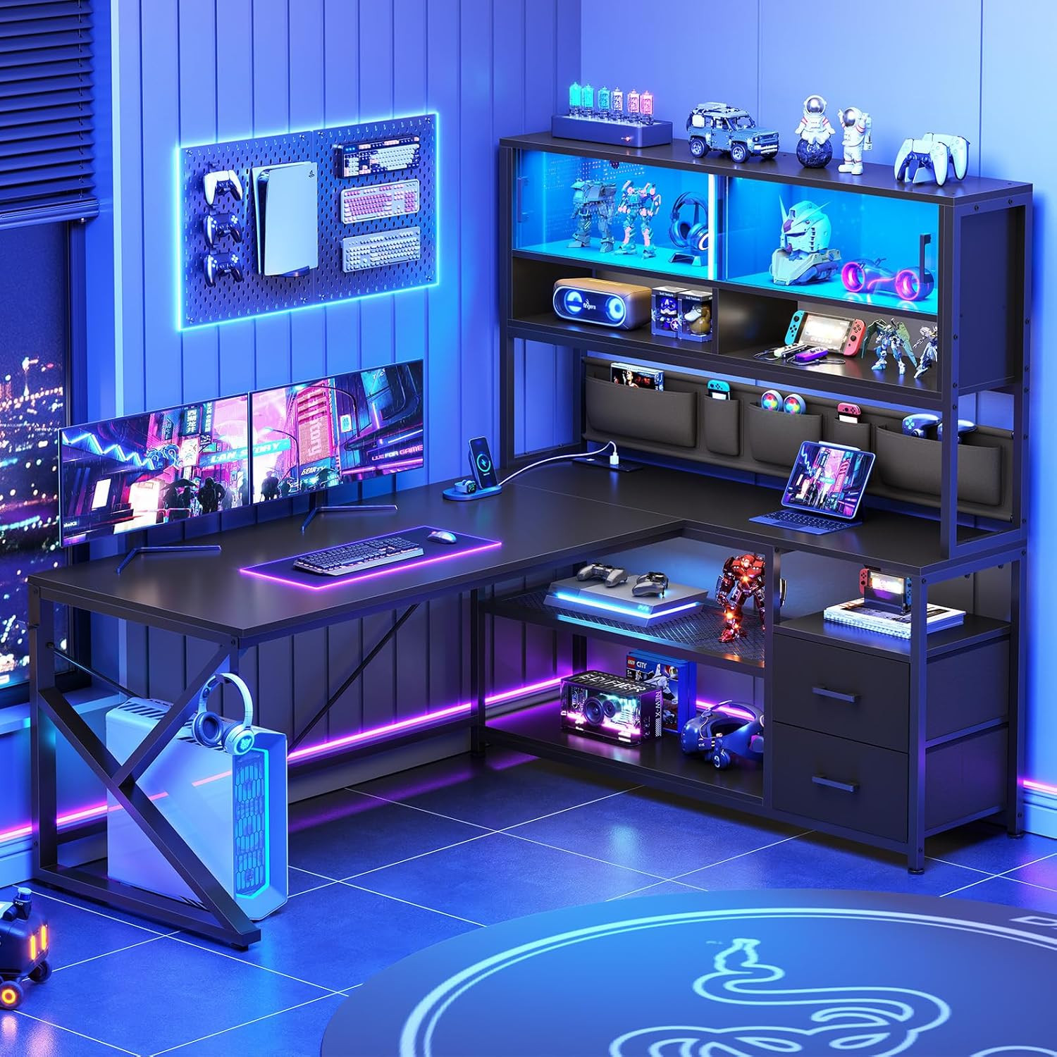 SEDETA L Shaped Gaming Desk, Home Office Computer Desk with 2 Drawer and Bookshe