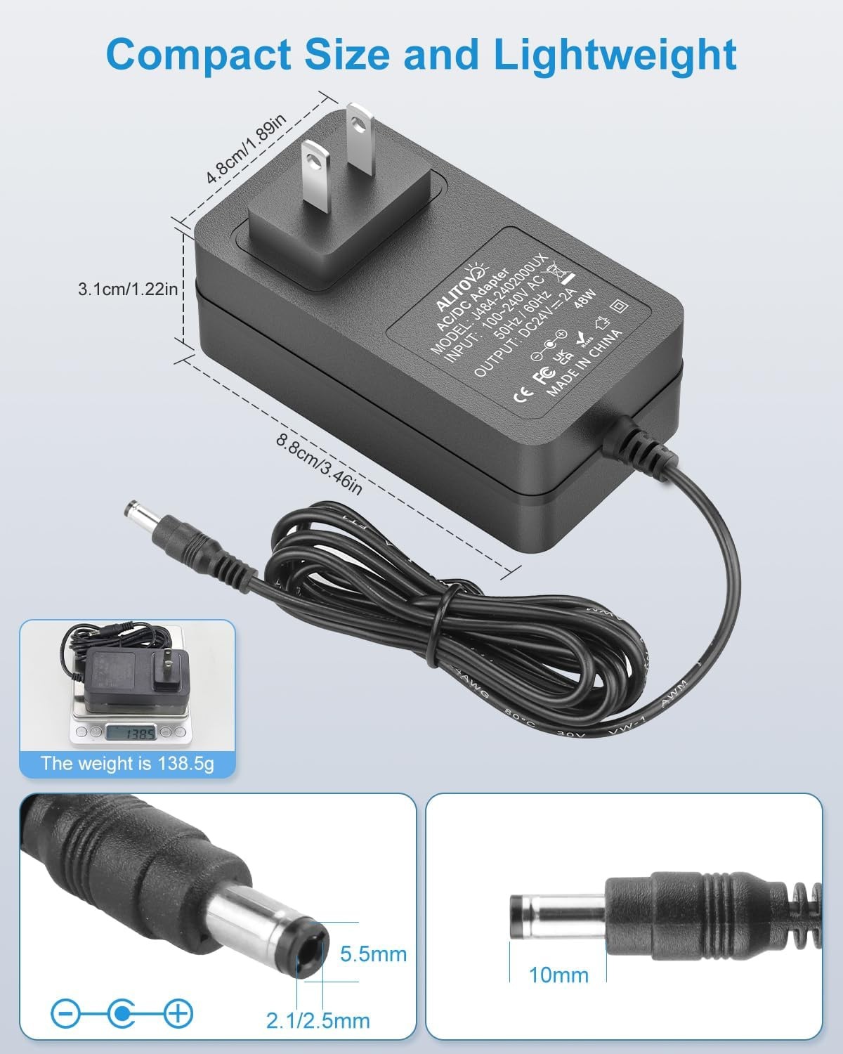ALITOVE 24V DC Power Supply 2A 48W AC Adapter 100-240V to 24 Volt Power Cord …