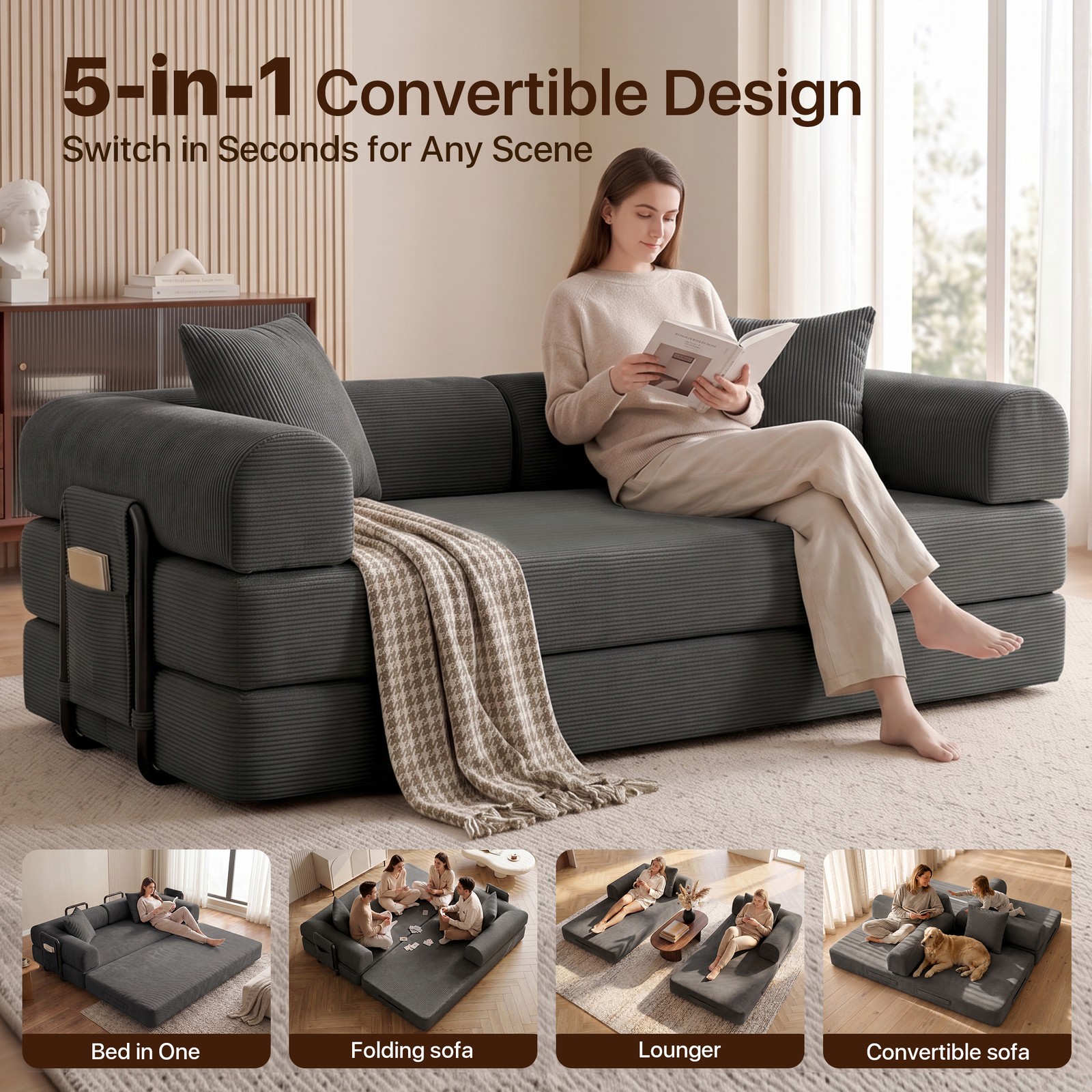 5-in-1 Folding Convertible Sofa Bed,Pull Out Bed Futon Sleeper Sofa No Assembly