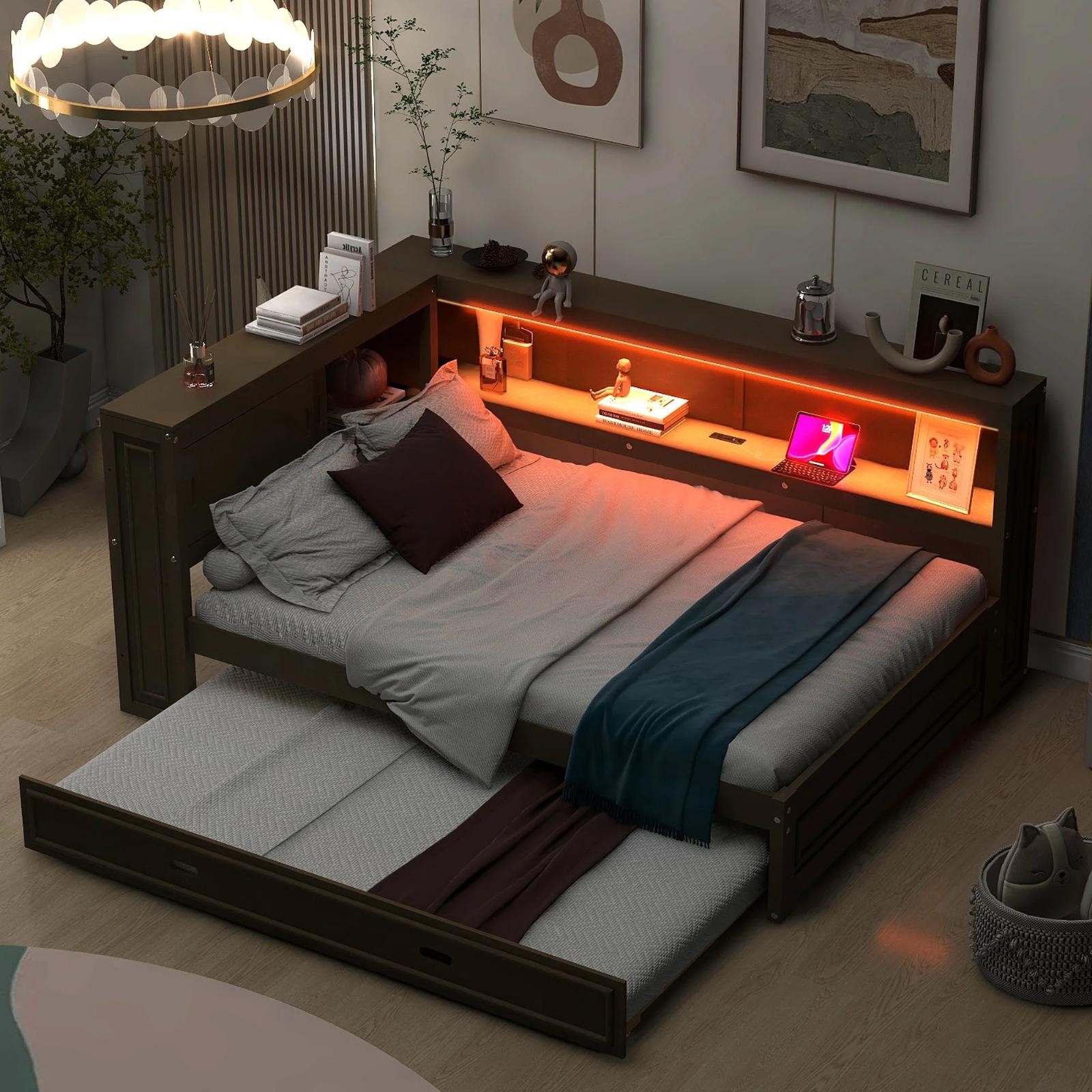 Full Size Daybed With Storage Shelves And Trundle USB Charging LED Light