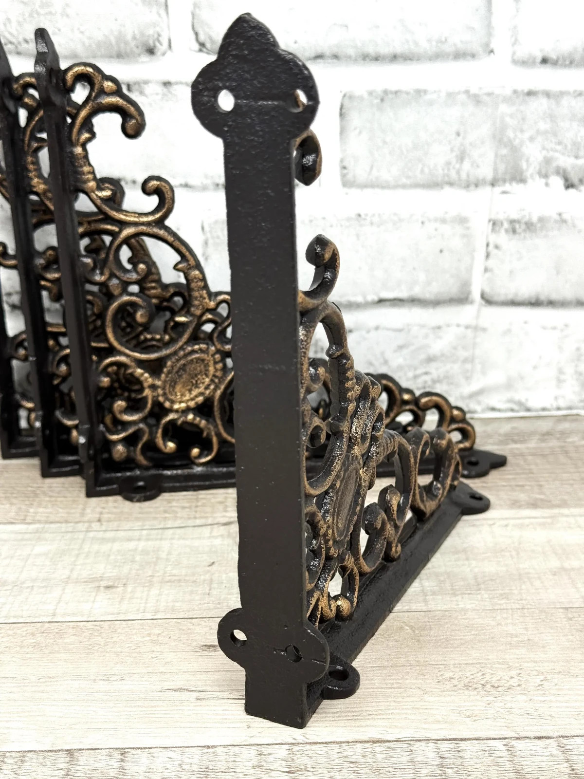 Set 4 Cast Iron Shelf Brackets Hand Painted Black and Gold Rustic Cameo 8″ x 8″