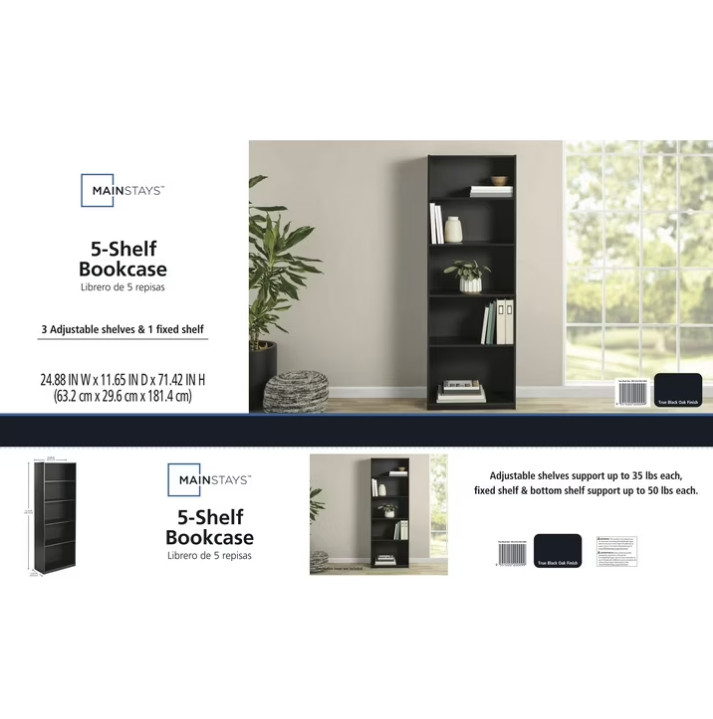 Mainstays 5-Shelf Bookcase with Adjustable Shelves, True Black Oak