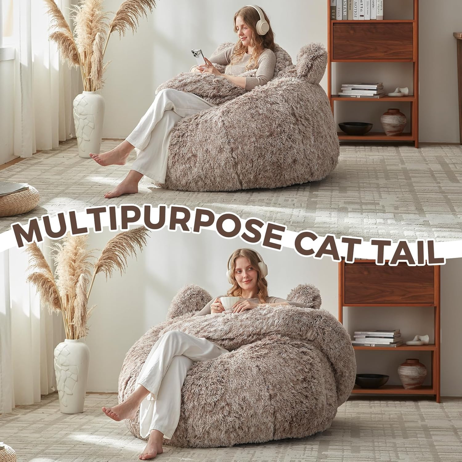 Plush Giant Cat Bean Bag Chair – Cozy Faux Fur Sofa for All Ages
