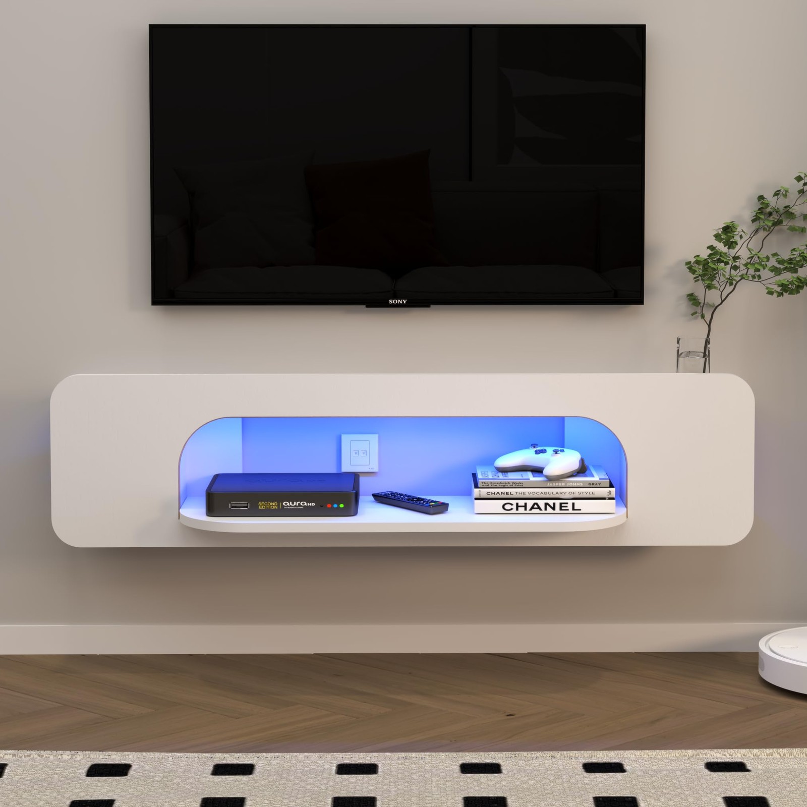 Floating TV Stand with LED Lights, 58” Wall Mounted TV Shelves with 1 Open S…