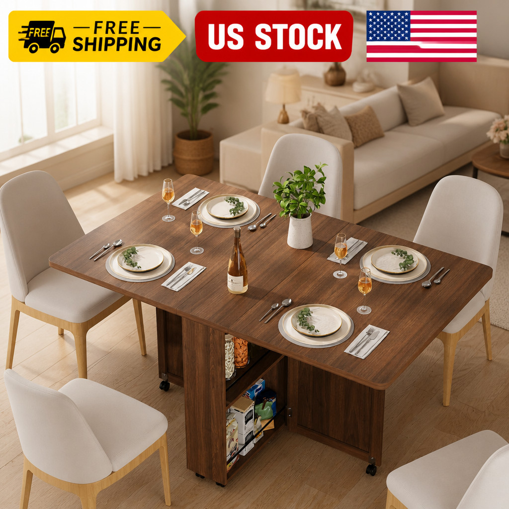 Folding Dining Table with Storage, Space Saving Kitchen Table with 6 Wheels