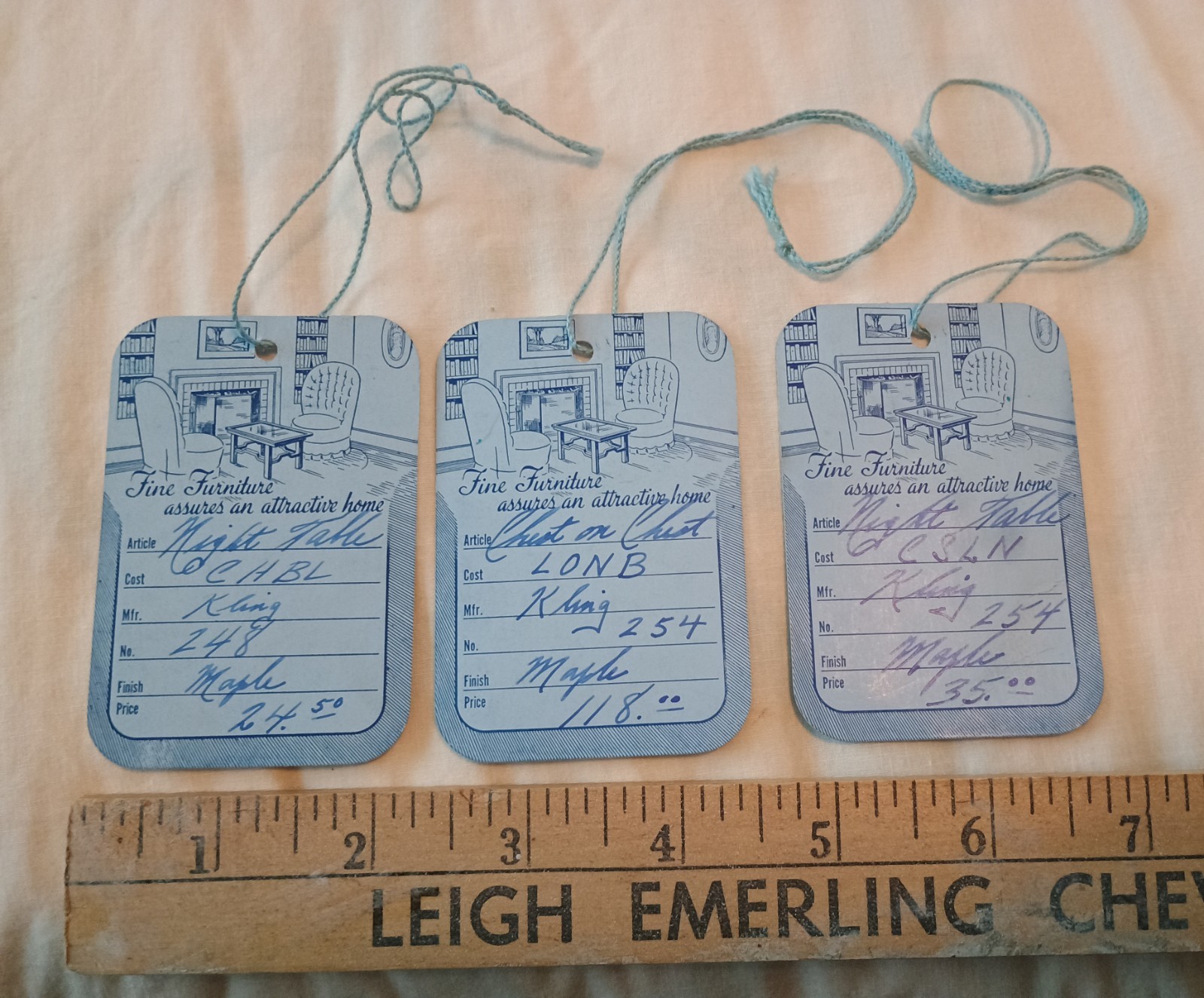 Original Antique Kling Furniture Hang Tag Lot Night Stands & Chest