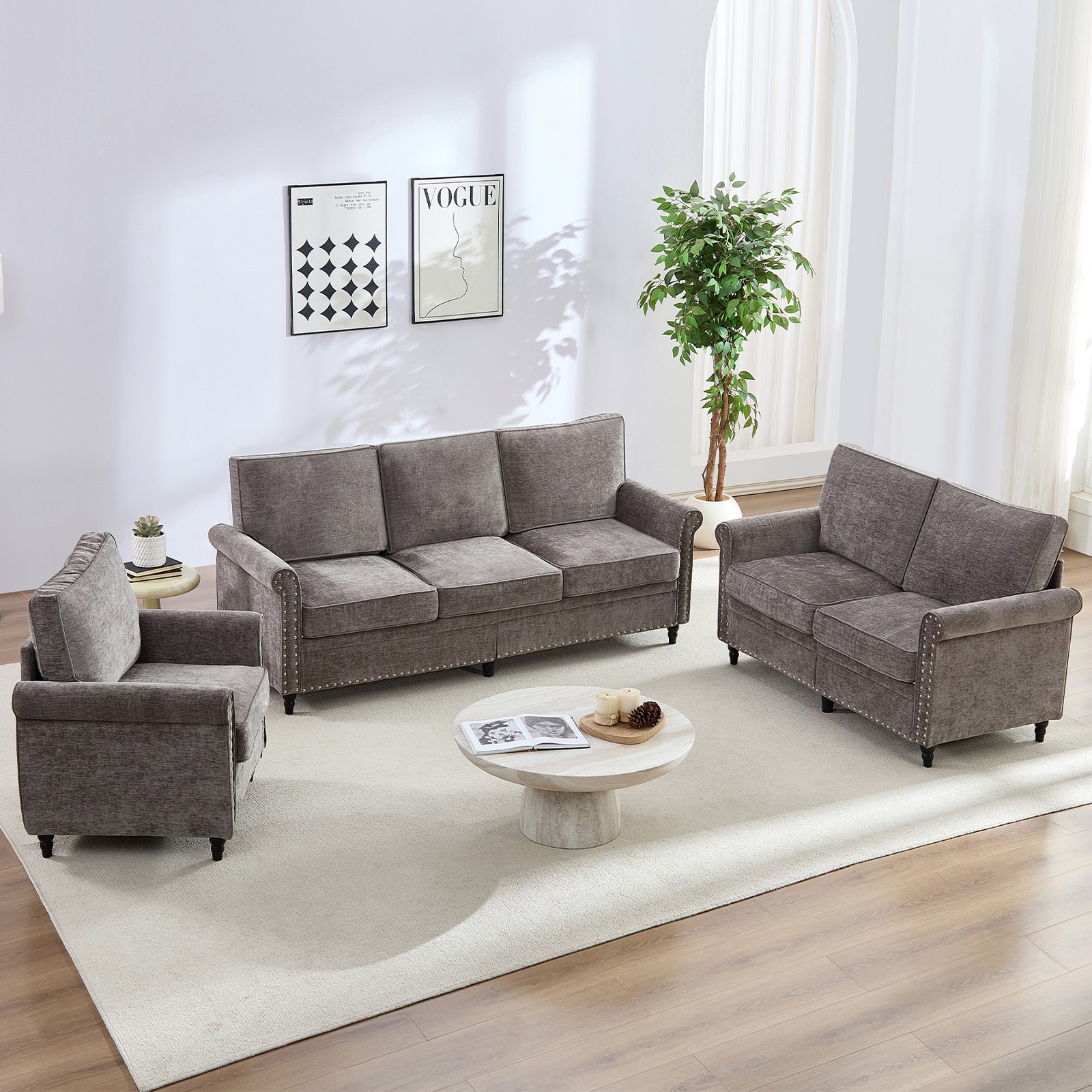 Zafly 3 Piece Living Room Furniture Sets,Chenille Sectional Couch for LivingRoom