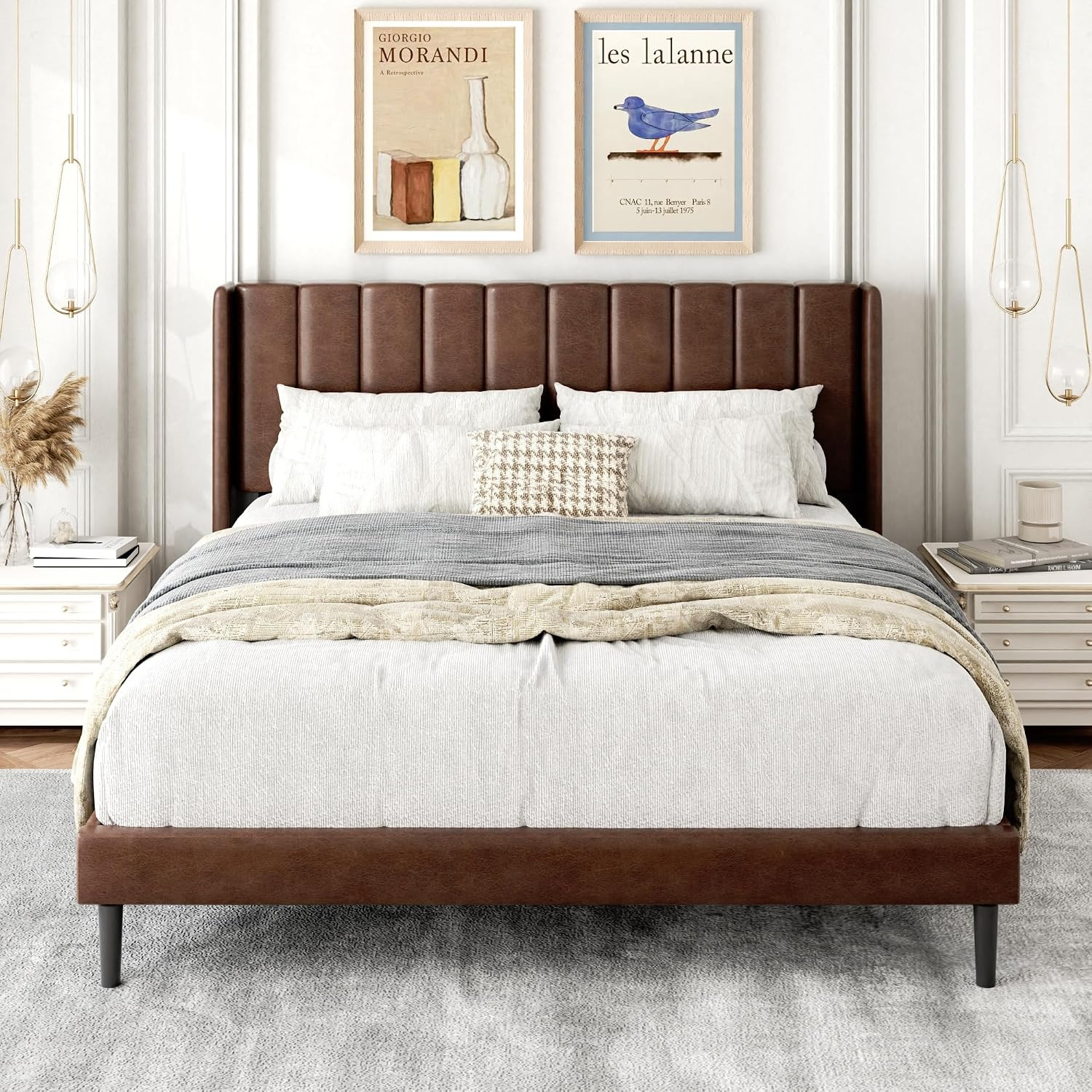 Queen Size Bed Frame with Upholstered Wingback Headboard, Easy Assemnly Platform