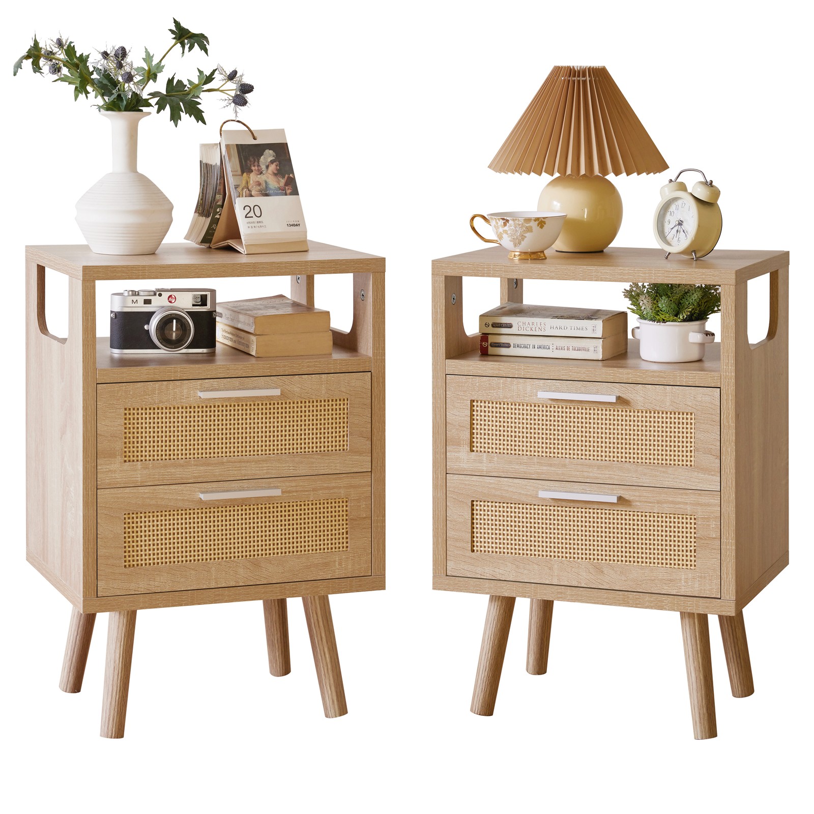 Set of 2 Modern Nightstands with 2 Drawers, Natural Wood Color, Bedroom Storage