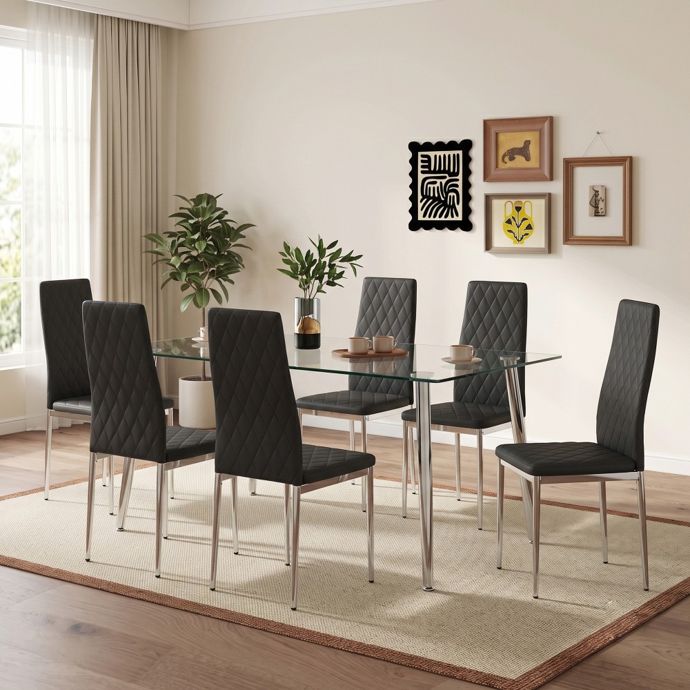 Set of 4/6/8 Modern Black PU Dining Chairs Diamond Tufted High Back Side Chair