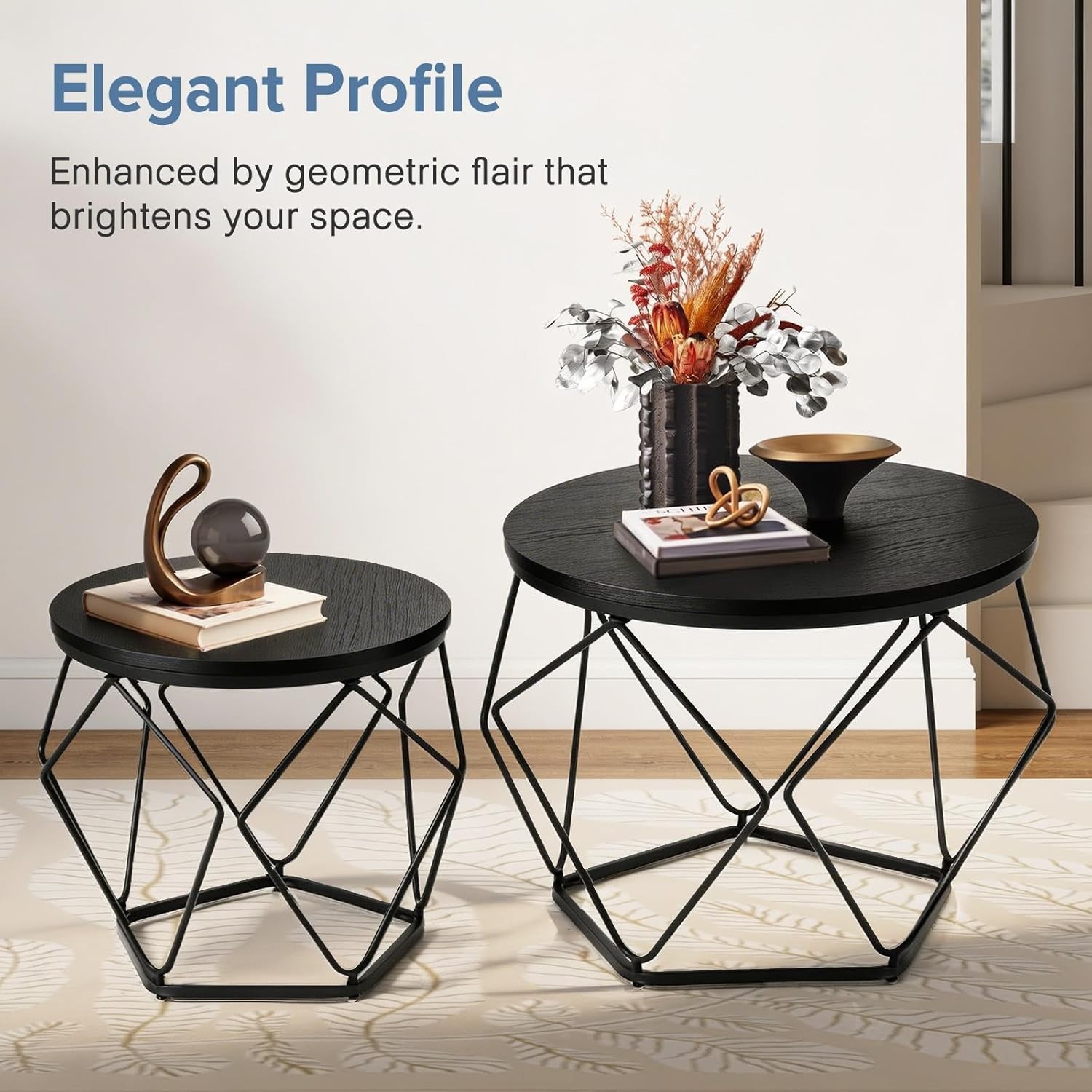 Set of 2 Modern Round Coffee Tables,Geometric Design,Cafe Livingroom End Tables