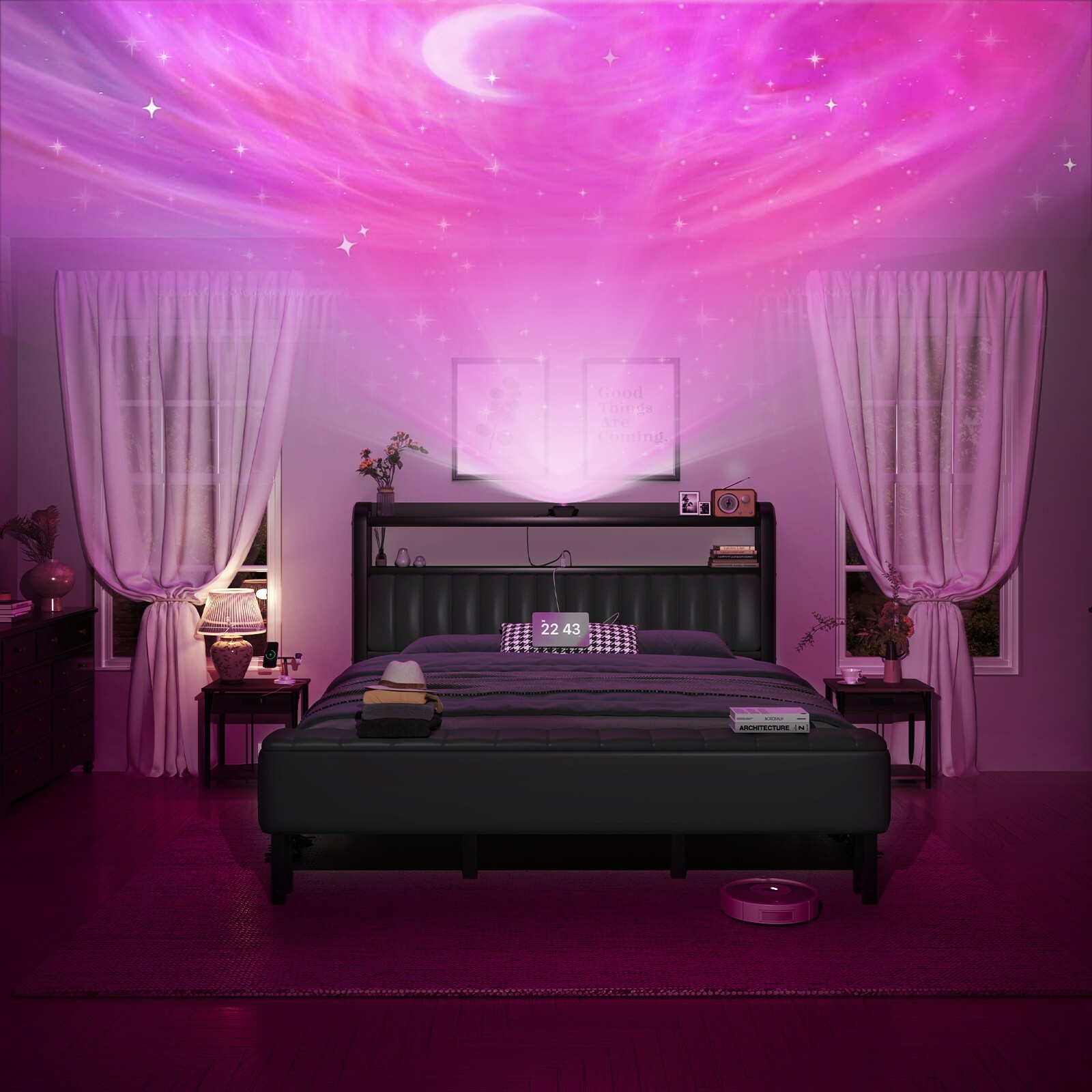 Full/Queen/King Size Bed Frame with Starry Sky Lights and Storage