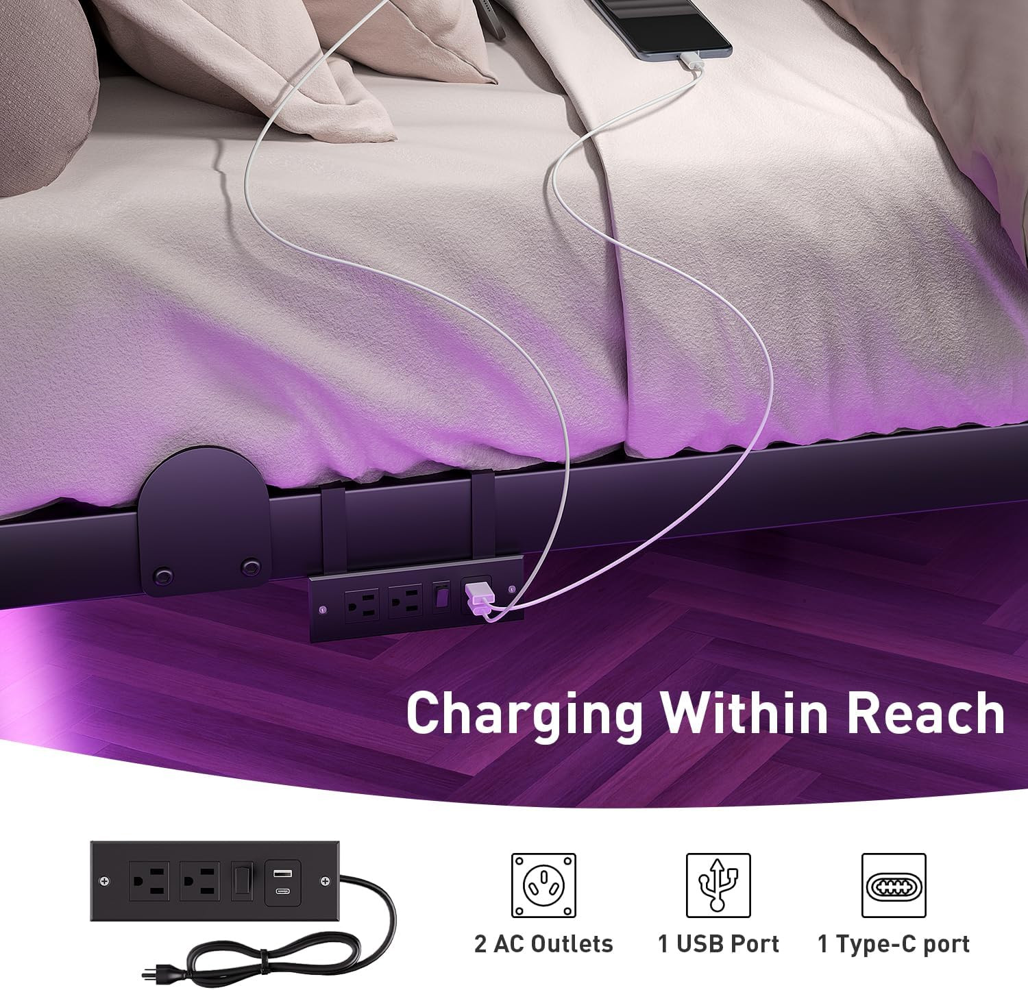 Modern King Size Floating Bed Frame with LED Lights & Charging Station