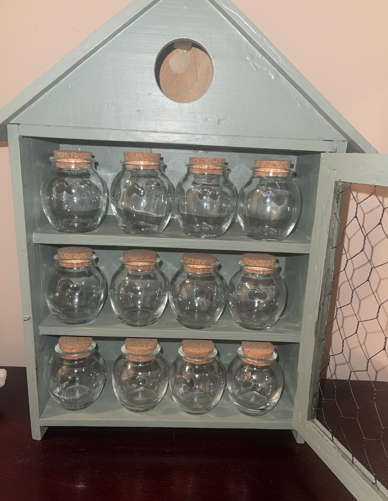 Handpainted Distressed Green Farmhouse Wall Cabinet Birdhouse Shonfeld’s Bottles