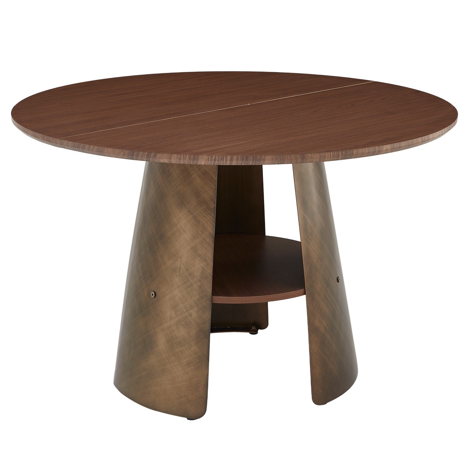 47″ Round Dining Table Brushed-Bronze Pedestal Middle Shelf 4-6 People Kitchen
