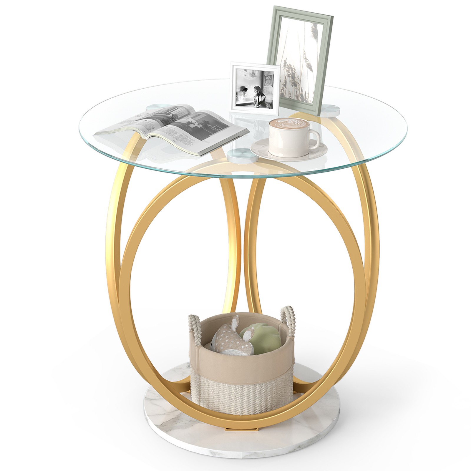 Round End Table Faux Marble Side Table w/Tempered Glass Tabletop & Metal Frame