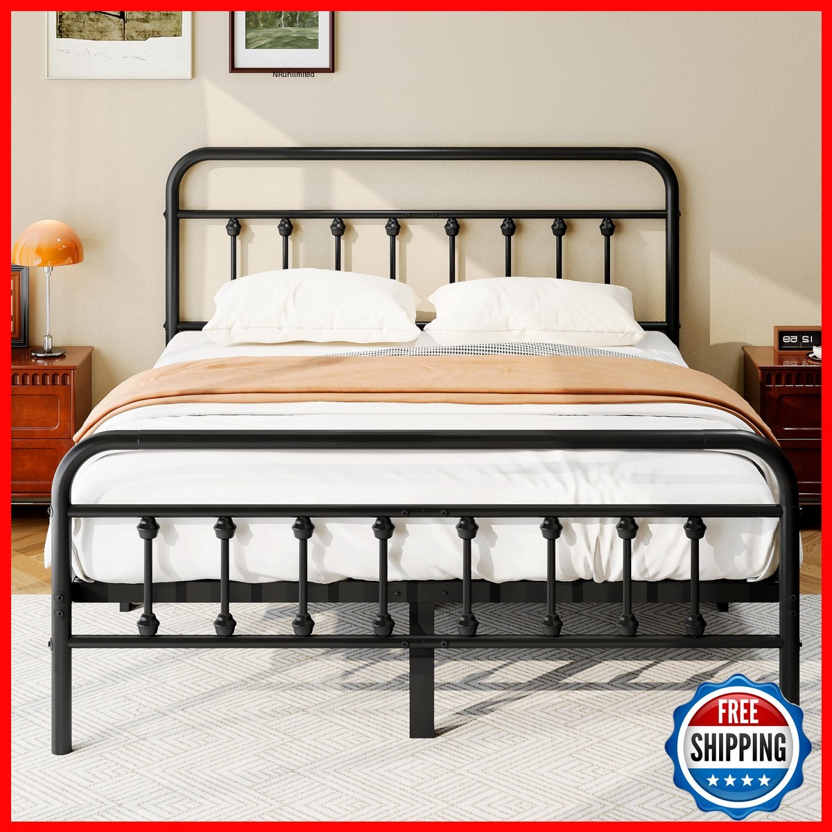 zunatu Queen Size Metal Bed Frame Victorian Style Headboard Footboard Black