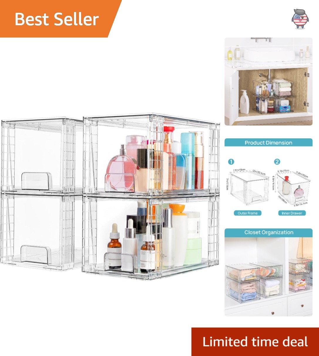 Visual Clear Stackable Drawer Organizers – 4-Pack for Ultimate Storage Solutions