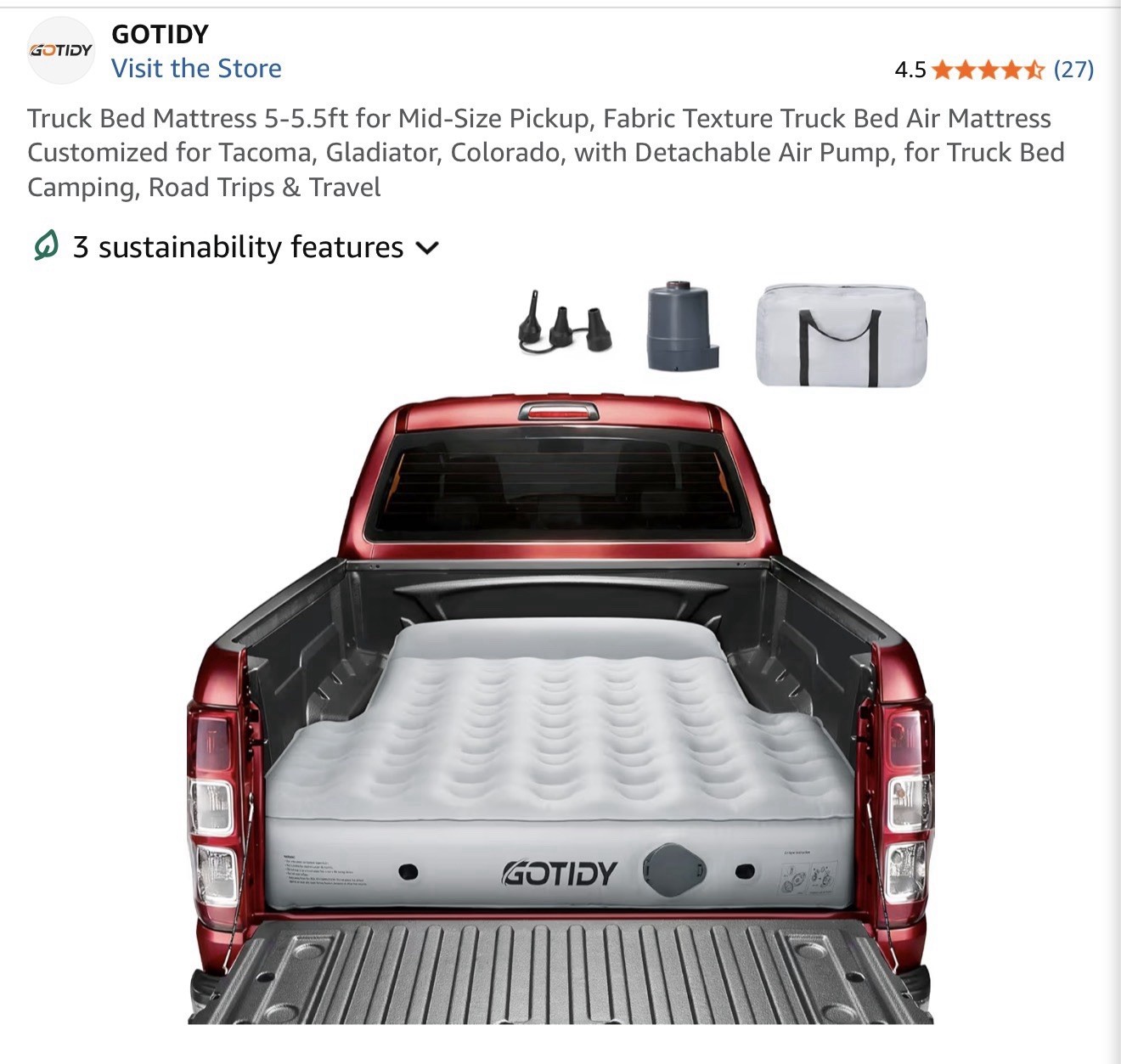 Truck Bed Air Mattress – 5-5.5ft Midsize Pick Up, Built-In Air Pump, Soft Fabric