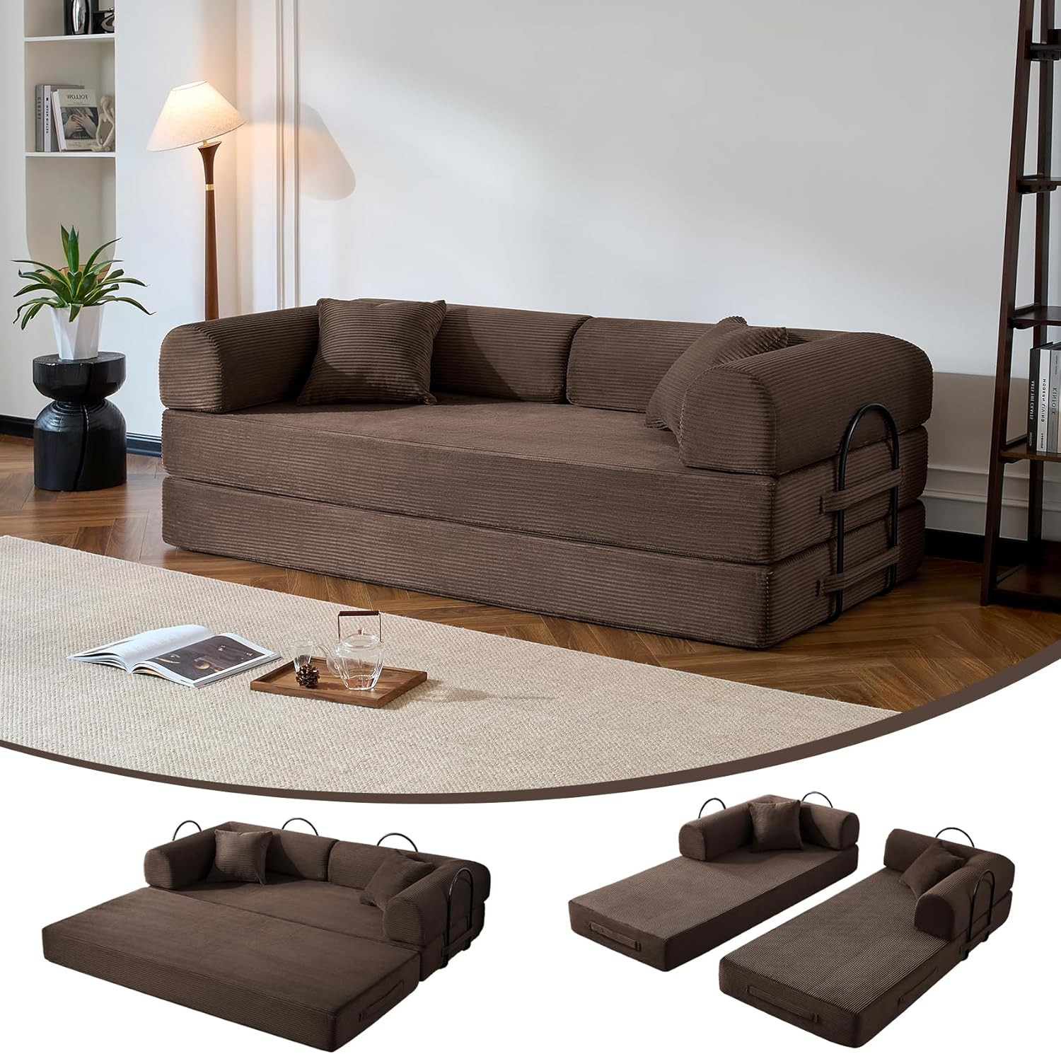 Cozy Convertible Sofa Bed with Pillow – Stylish Brown Corduroy Sleeper