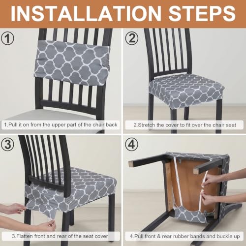 Stretchable Chair Seats Covers 4 Pack for Set of 4 Khaki Flowers-rear Covered