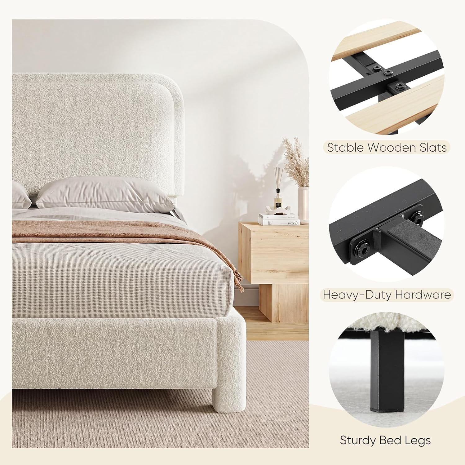 Cloud Bed Frame with Adjustable Headboard Luxurious Teddy Boucle Platform Bed