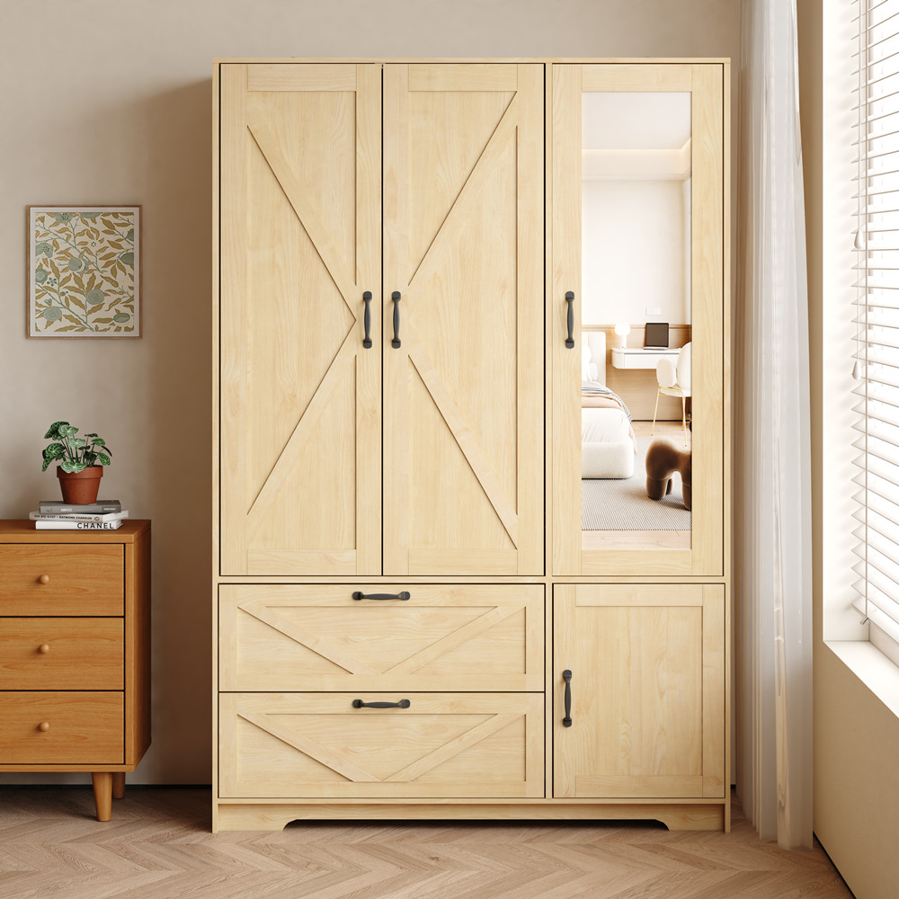 4 Doors Freestanding Wardrobe, Mirror Armoire Closet Storage Cabinet, 2 Drawers