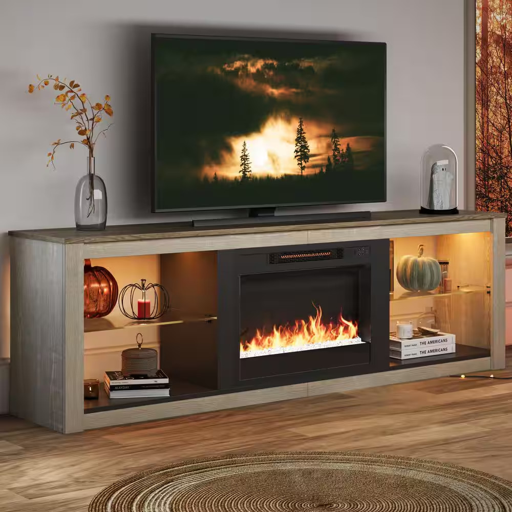 70.8 In. Light Grey TV Stand with Fireplace Fits Tvs up to 75 In. LED Enterta…