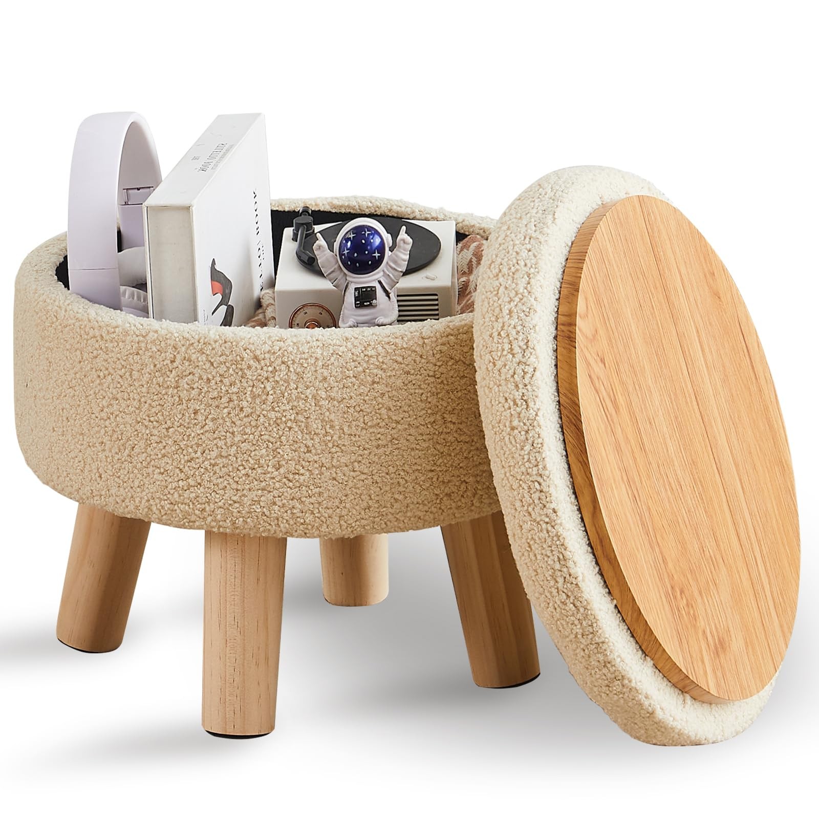 Storage Ottoman, Modern Round Footrest with Soft Padded Seat, Teddy Velvet Fo…