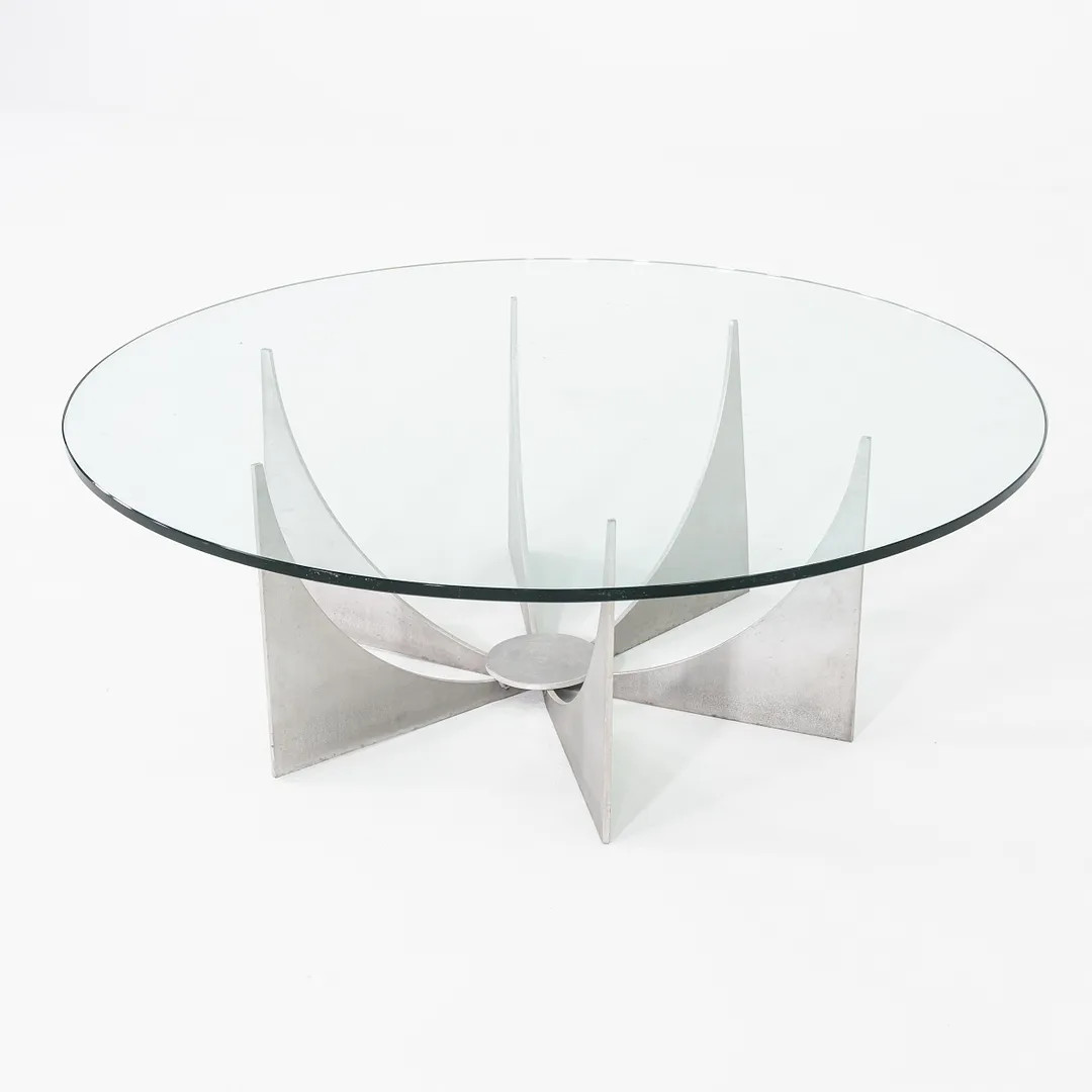C. 1960s Donald Drumm Round Aluminum Coffee Table with Glass Top 44×15 Inches