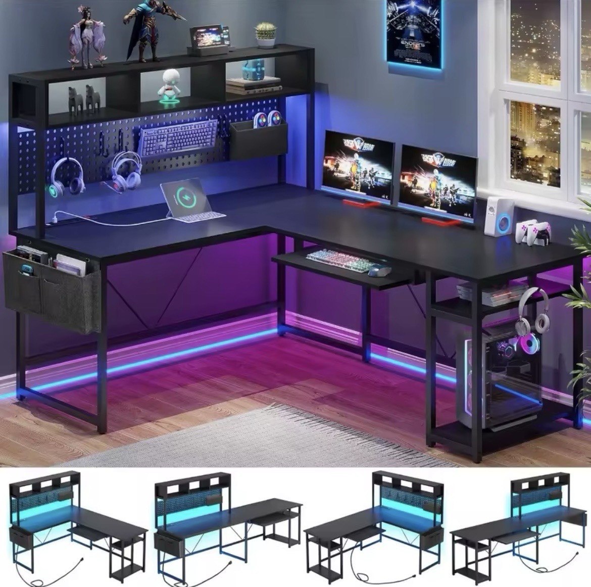 SEDETA 94.5″ L-Shaped Computer Desk w/ LED Lights, Pegboard, USB Ports