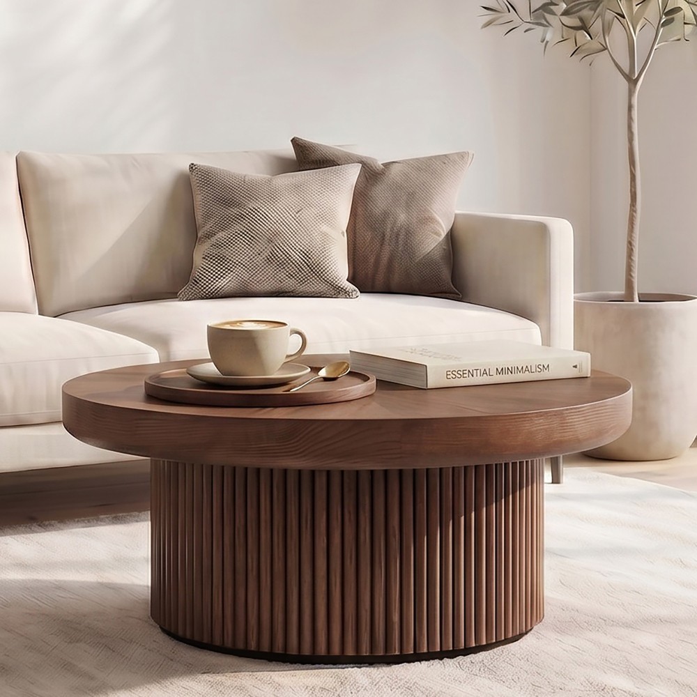 33.5″ Round Fluted Coffee Table, Wood Parquet Top Cylindrical Base, Walnut