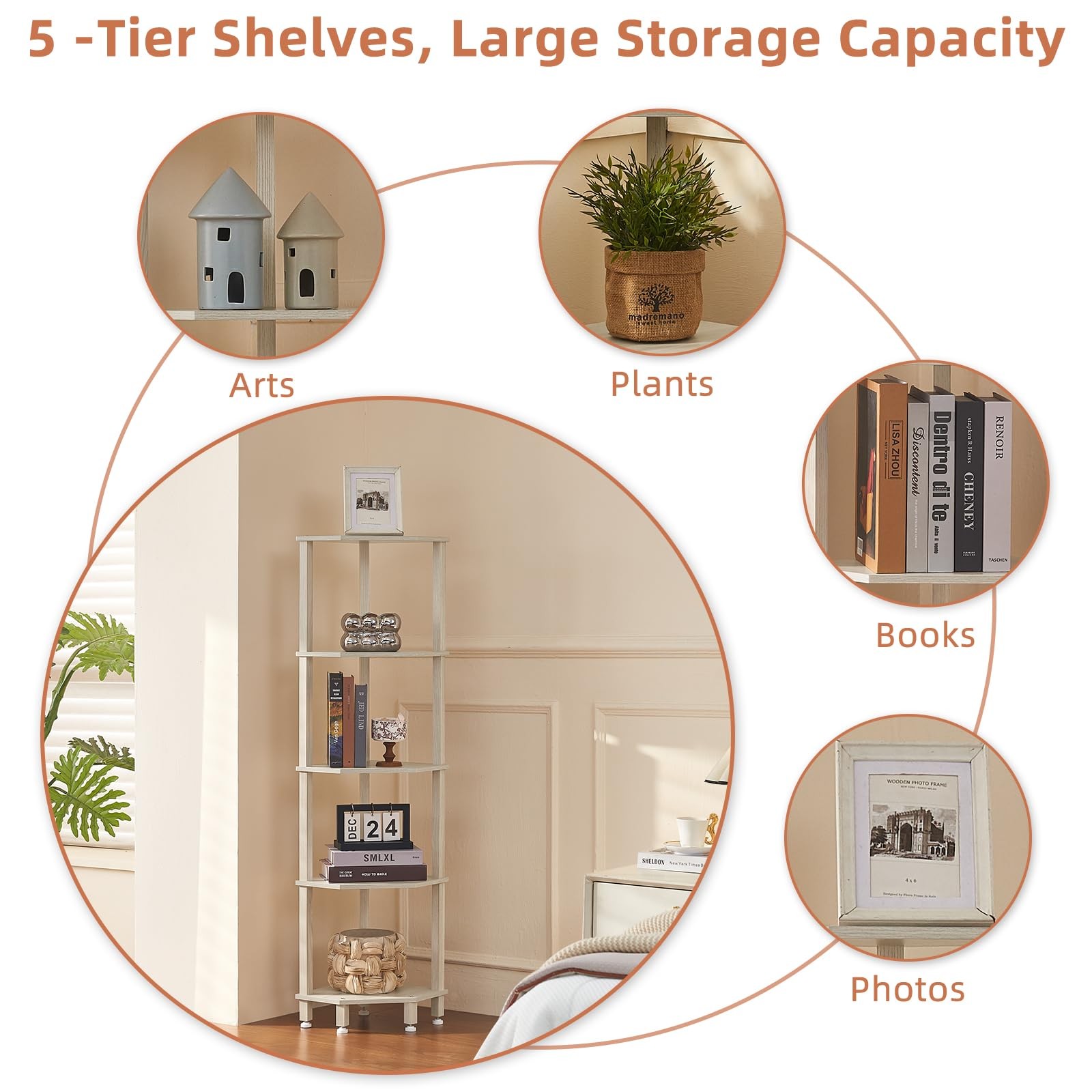 5 Tier Corner Shelf Sturdy Wooden Bookshelf Small Spaces Living Room Grey White