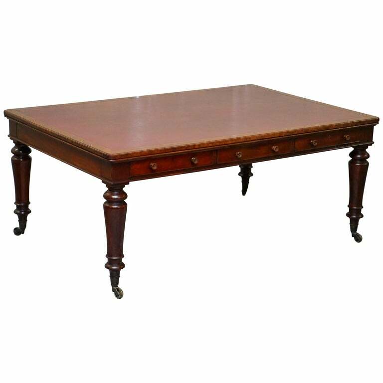 RARE VICTORIAN HOLLAND AND SONS DOUBLE SIDED MAHOGANY PARTNER DESK WRITING TABLE