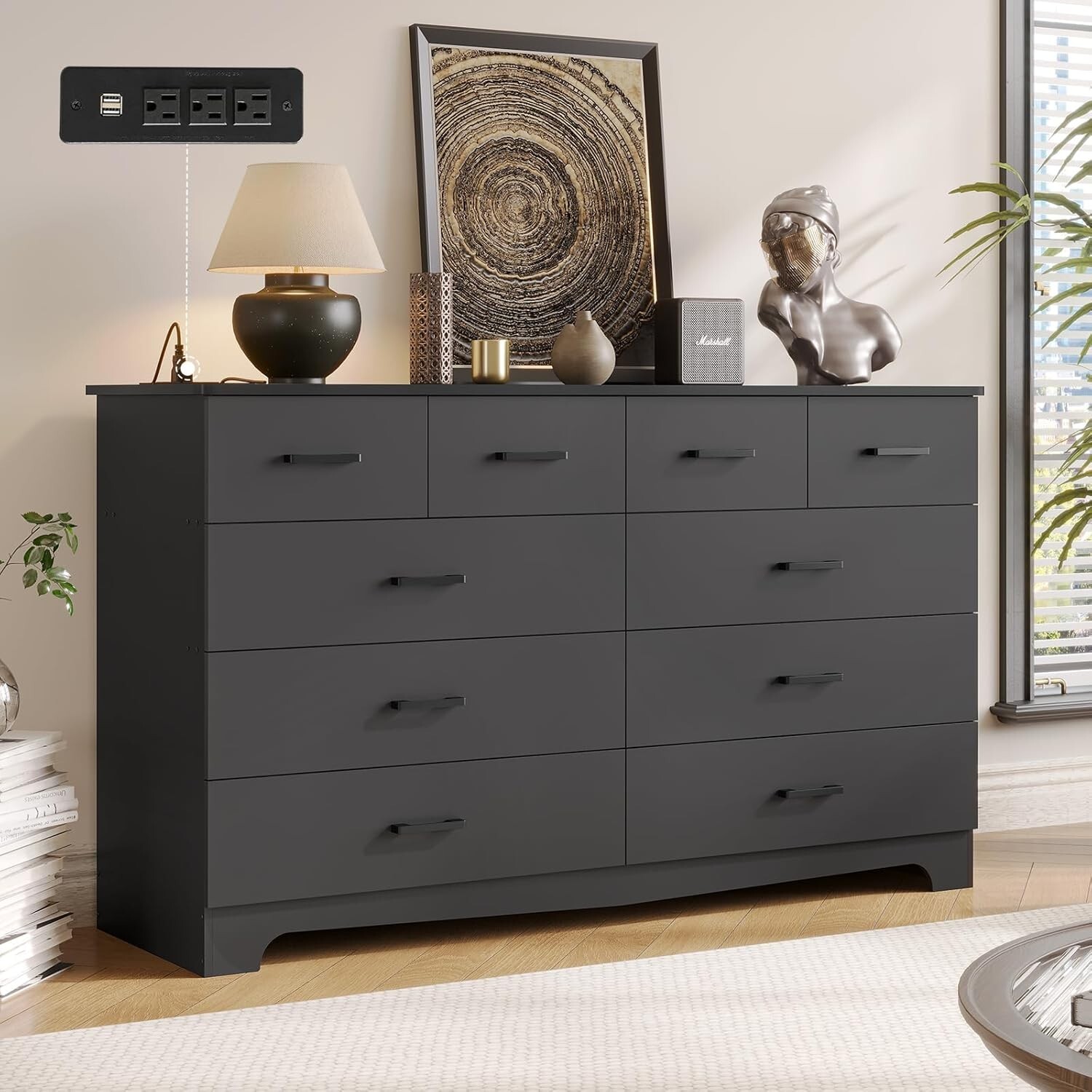 10 Drawers Dresser for Bedroom Black Dresser Chest of Drawers with Power Outlets
