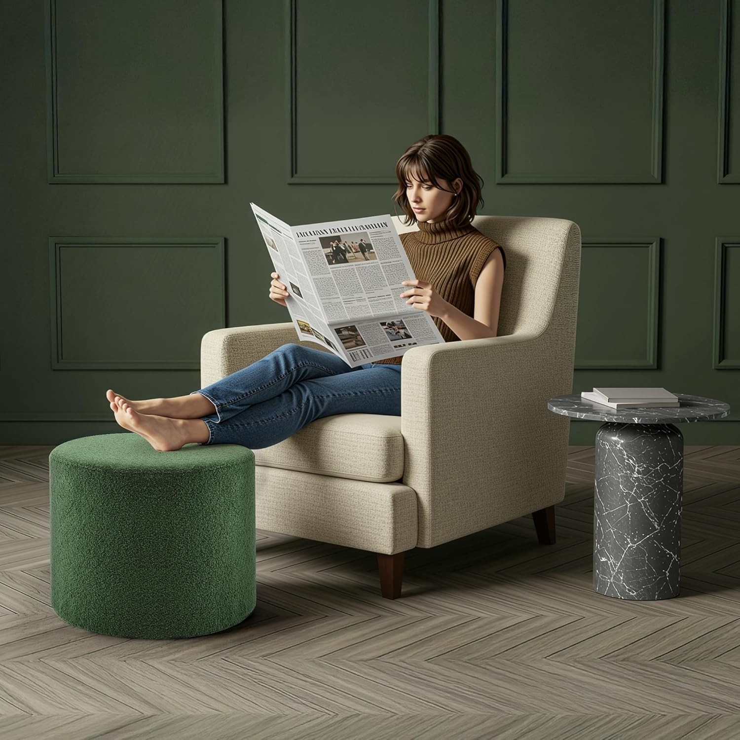 Bezseller Teddy Fabric Round Ottoman Foot Stool 17.7×13.8 Green Pouf