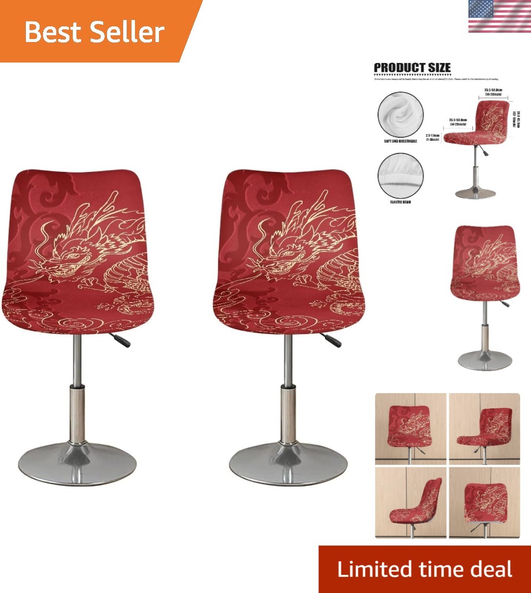 Stylish Asian Red Dragon Swivel Stools Set of 2 – Perfect for Kitchen and Dining