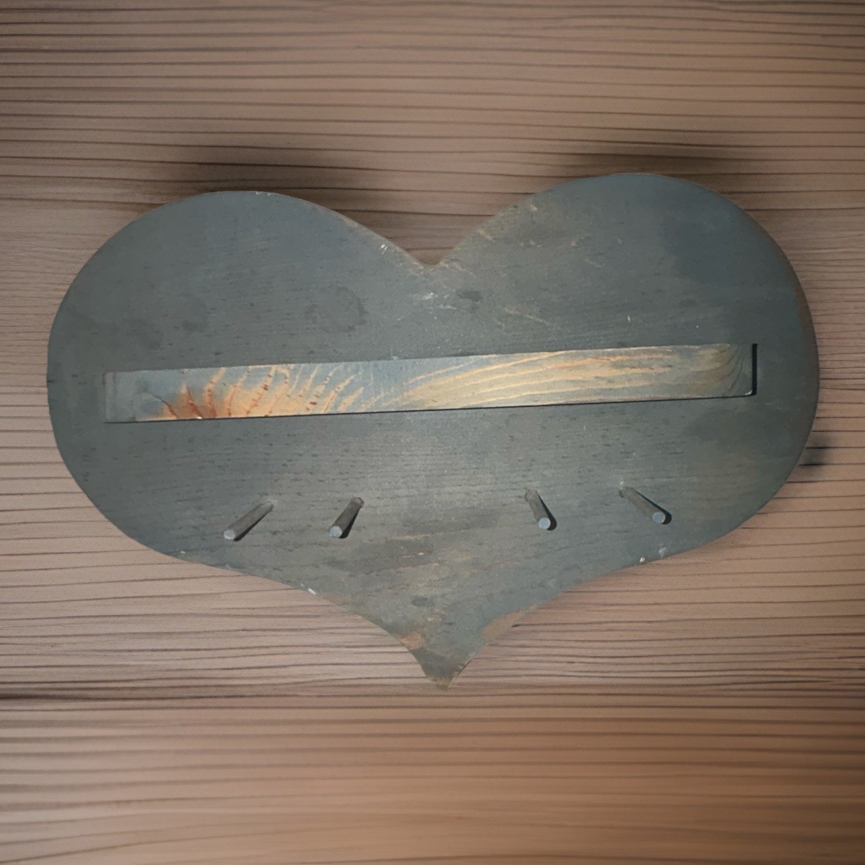 Rustic Blue Wood Heart Shaped Hanging Shelf•Key/Coat Holder•1980s Cottage Core