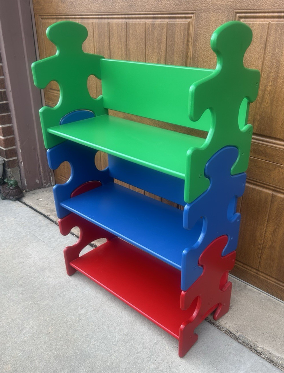 KidKraft Puzzle Bookshelf Wooden Kids Bookcase 3 Shelves Green Blue Red