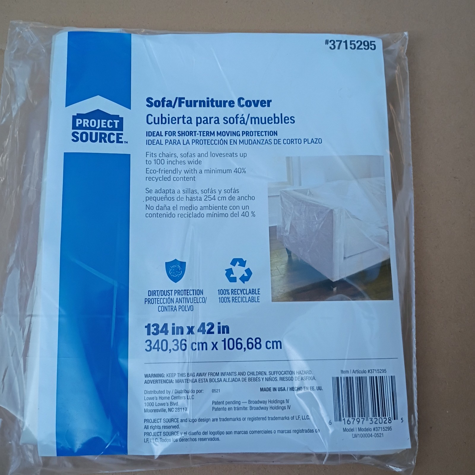 Project Source Sofa/Furniture Cover – 134″ x 42″ Protective Plastic Cover