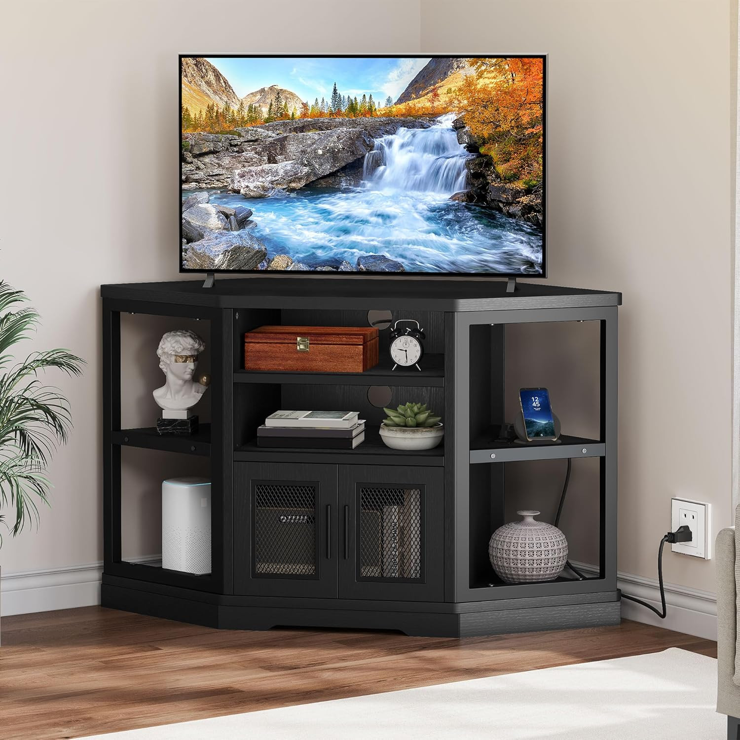 Corner TV Stand for 50 Inch TV, Farmhouse TV Stands for Living Room, Black Enter