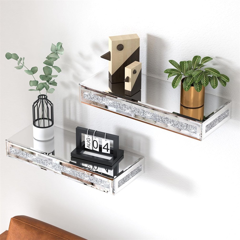 Mirrored Floating Shelves Glitter Crushed Diamond Wall Mounted Organizer Rack