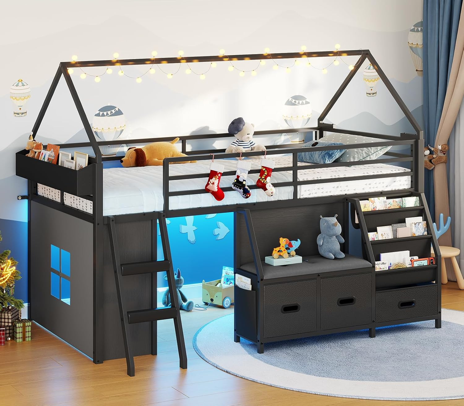 ADORNEVE Low Loft Bed Twin Size with Bookshelf, Reading Nook, LED Kids Loft Bed