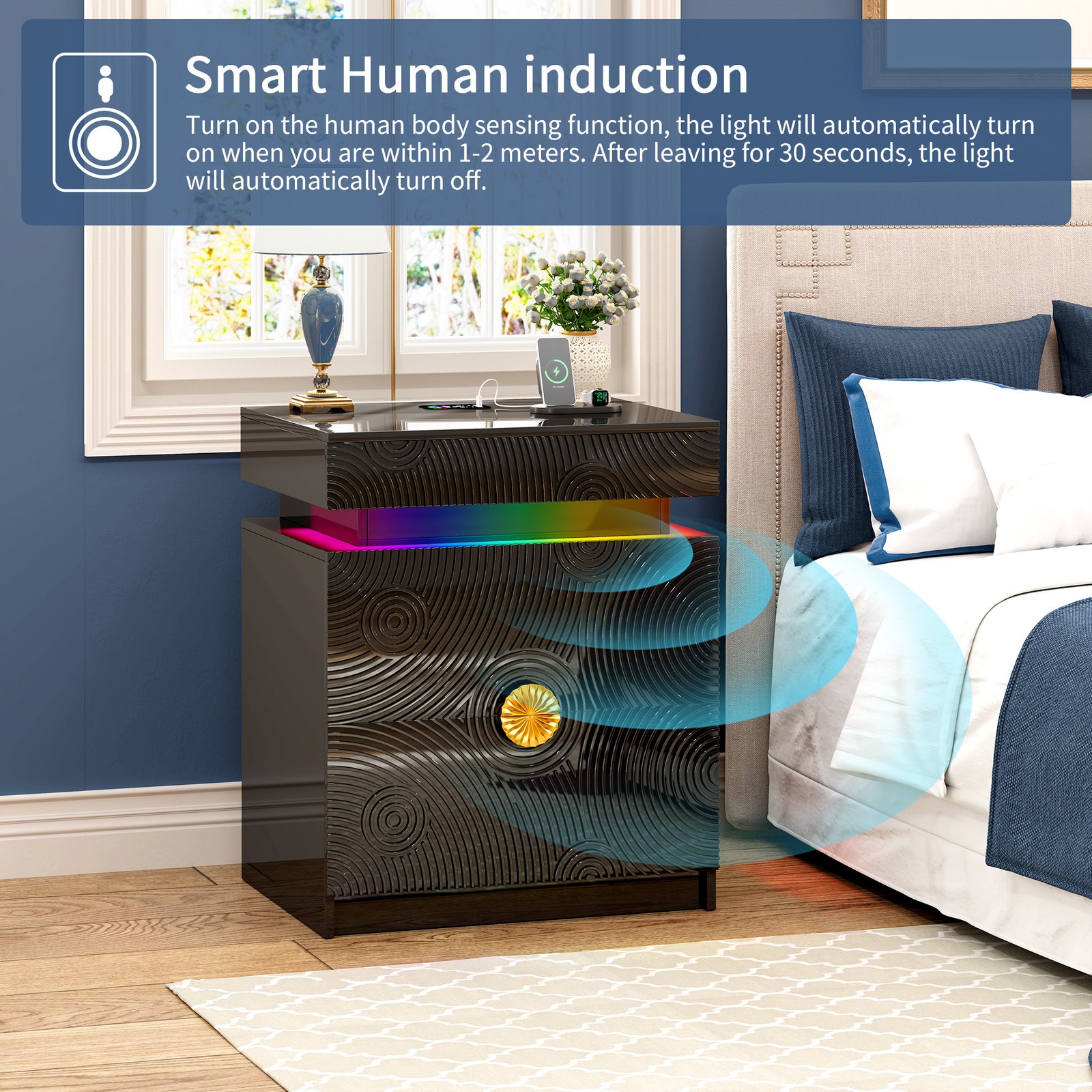Nightstand with Hidden Drawer, Night Stand with RGB Lights and Charging Station